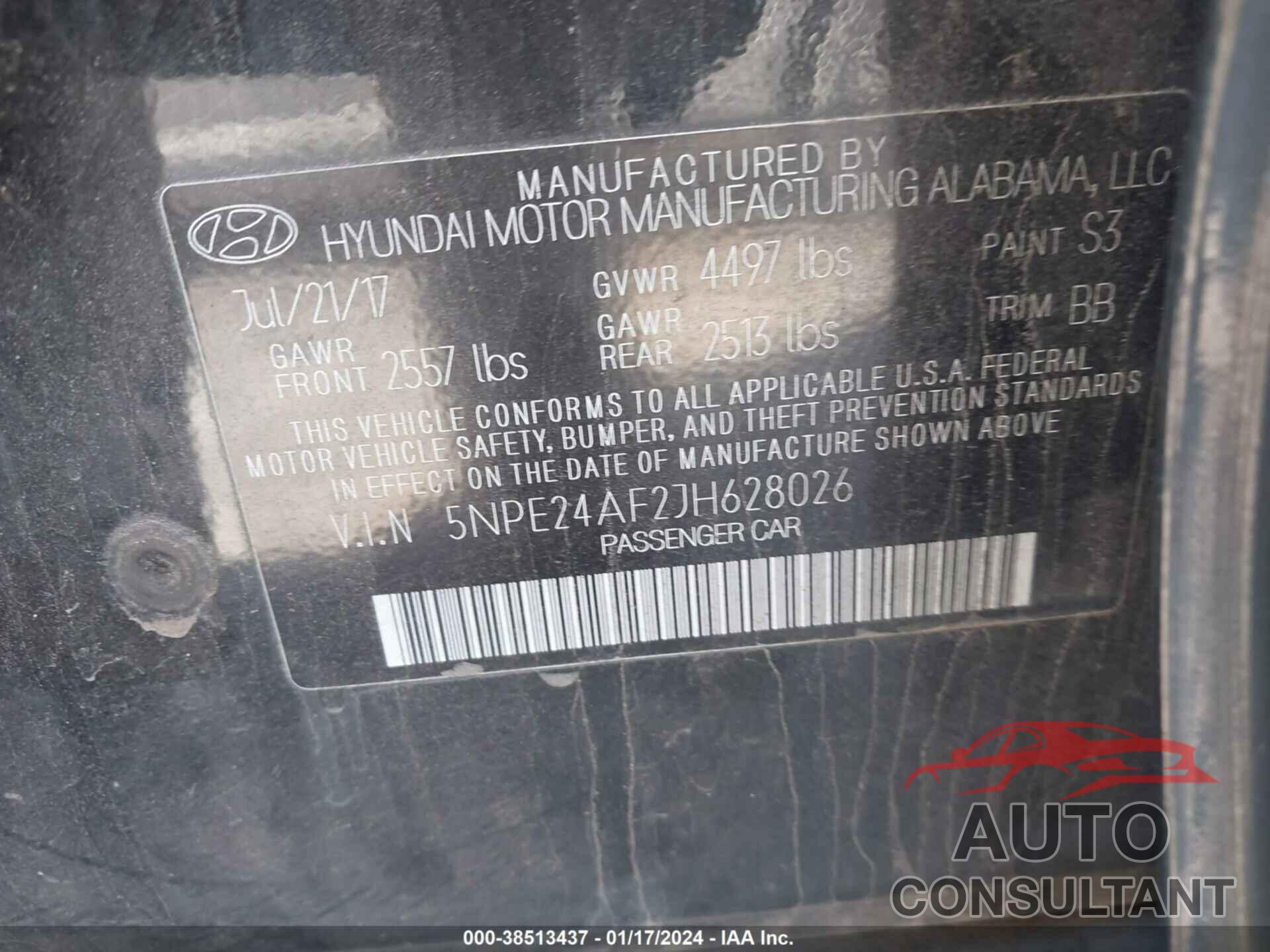 HYUNDAI SONATA 2018 - 5NPE24AF2JH628026