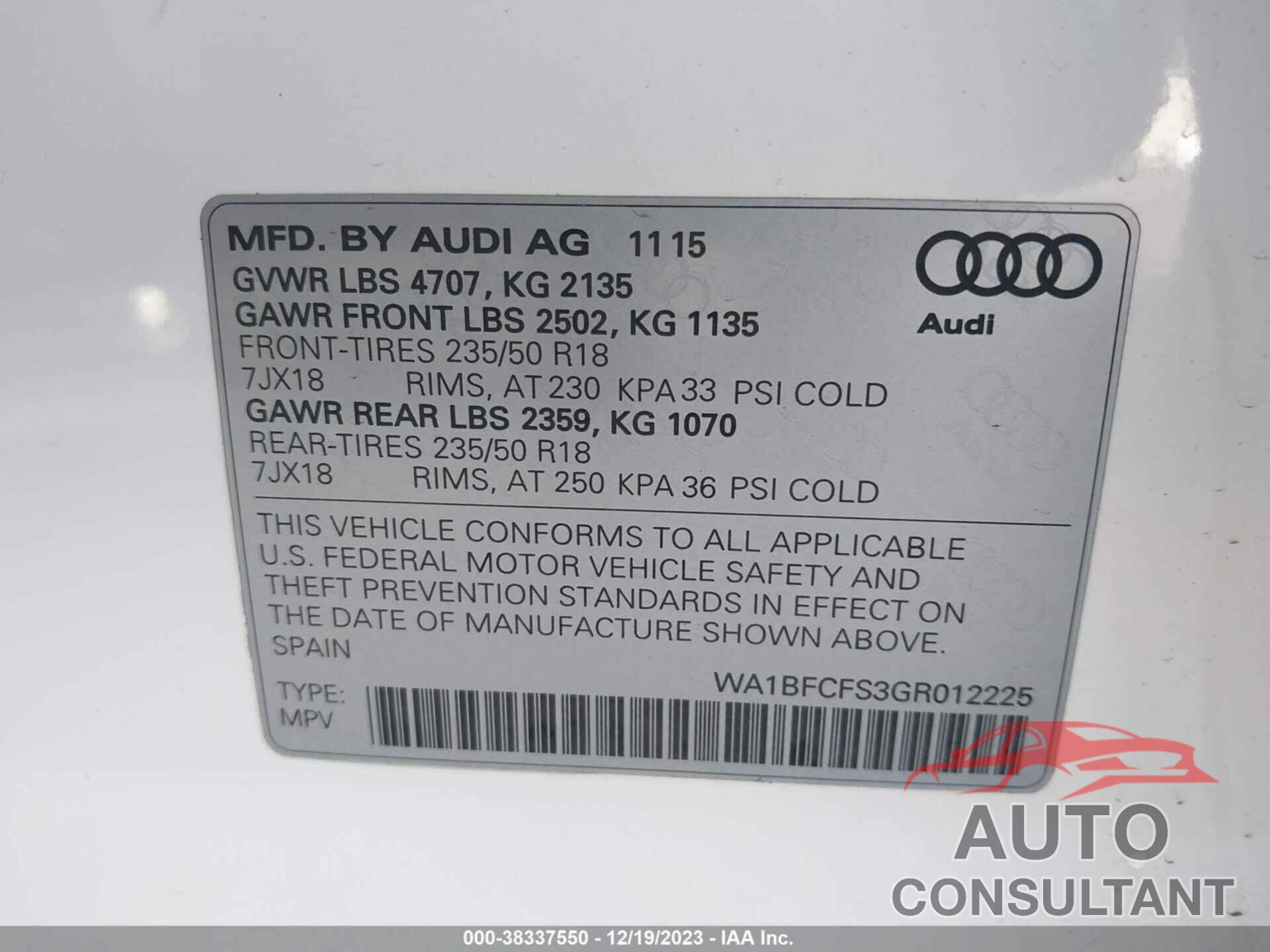 AUDI Q3 2016 - WA1BFCFS3GR012225