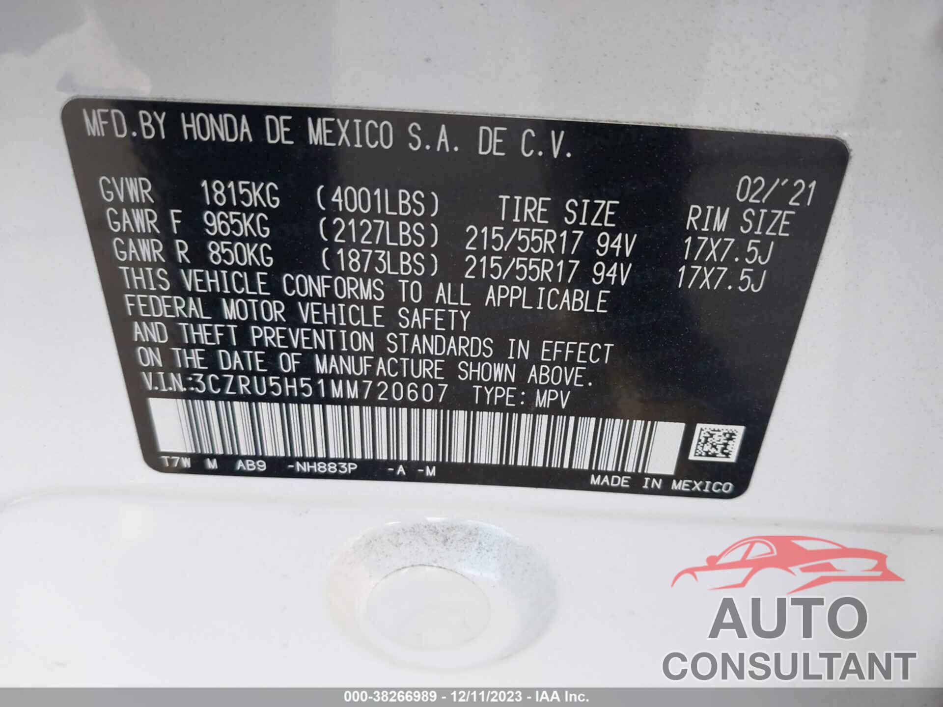 HONDA HR-V 2021 - 3CZRU5H51MM720607