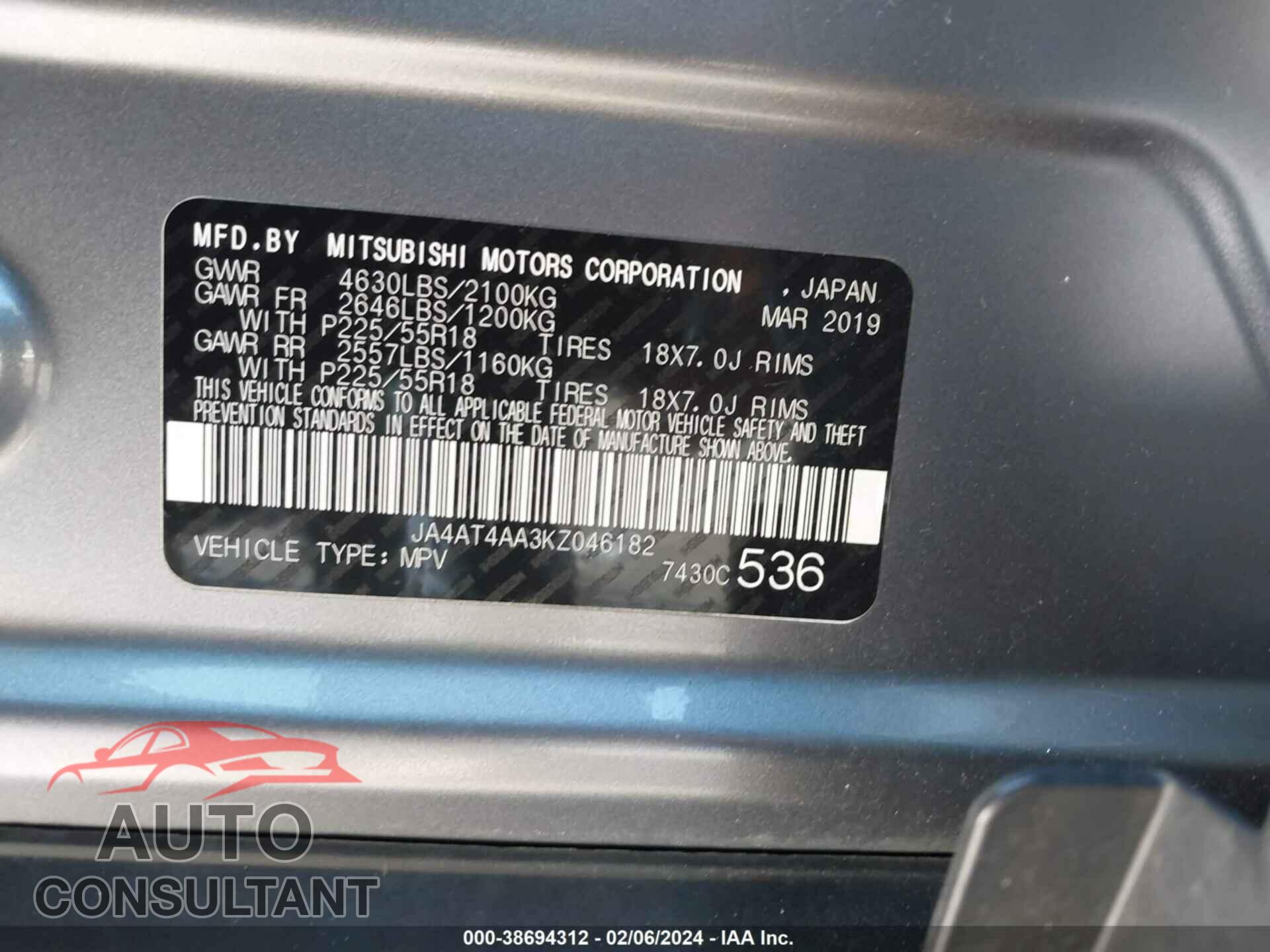 MITSUBISHI ECLIPSE CROSS 2019 - JA4AT4AA3KZ046182