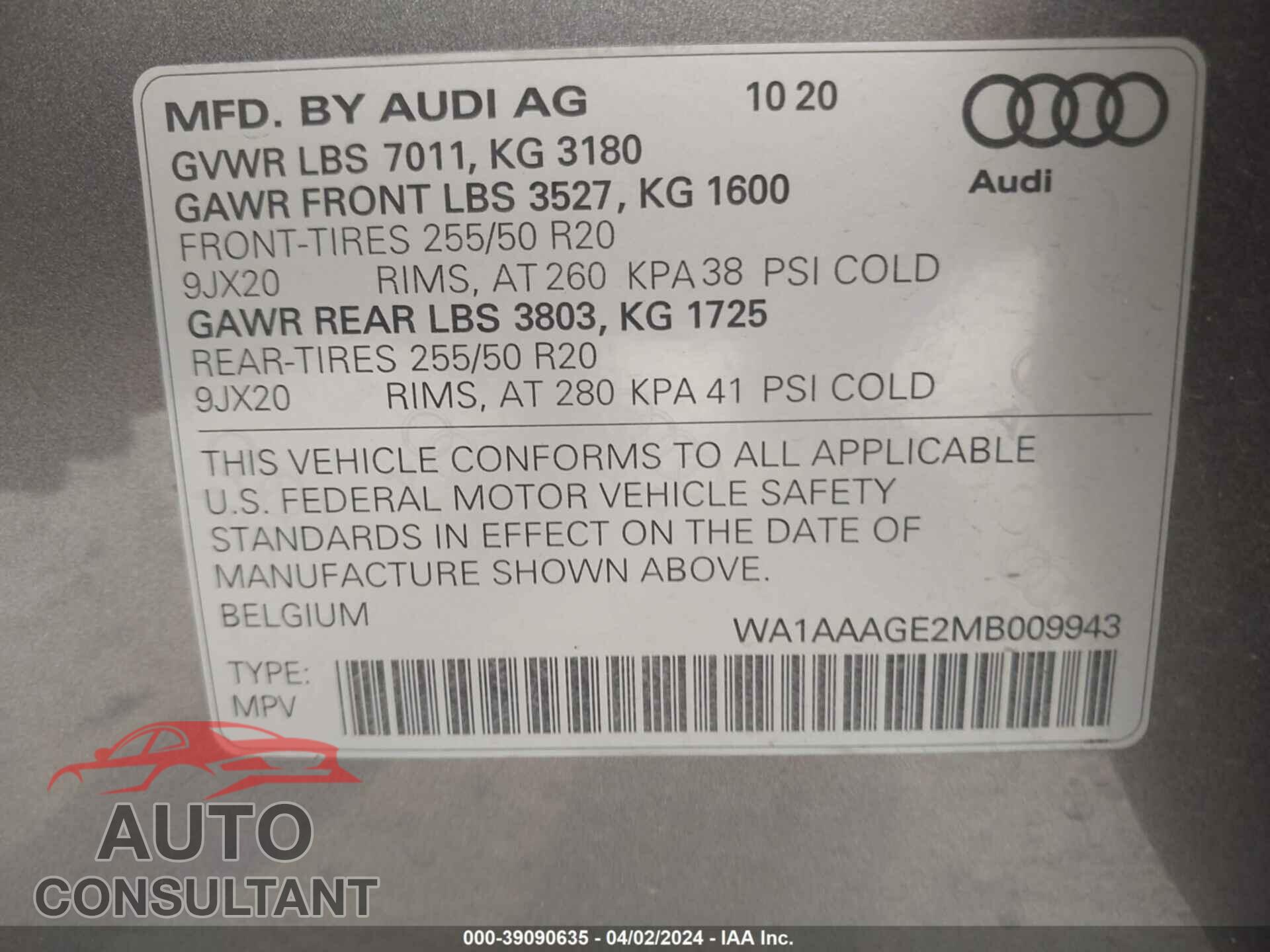 AUDI E-TRON 2021 - WA1AAAGE2MB009943