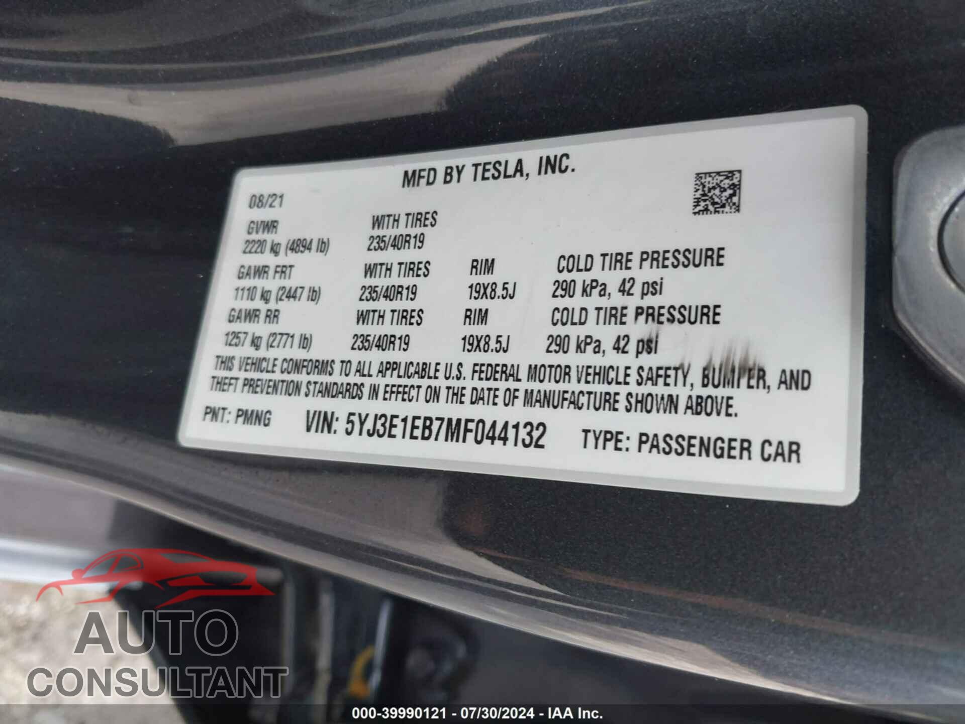 TESLA MODEL 3 2021 - 5YJ3E1EB7MF044132