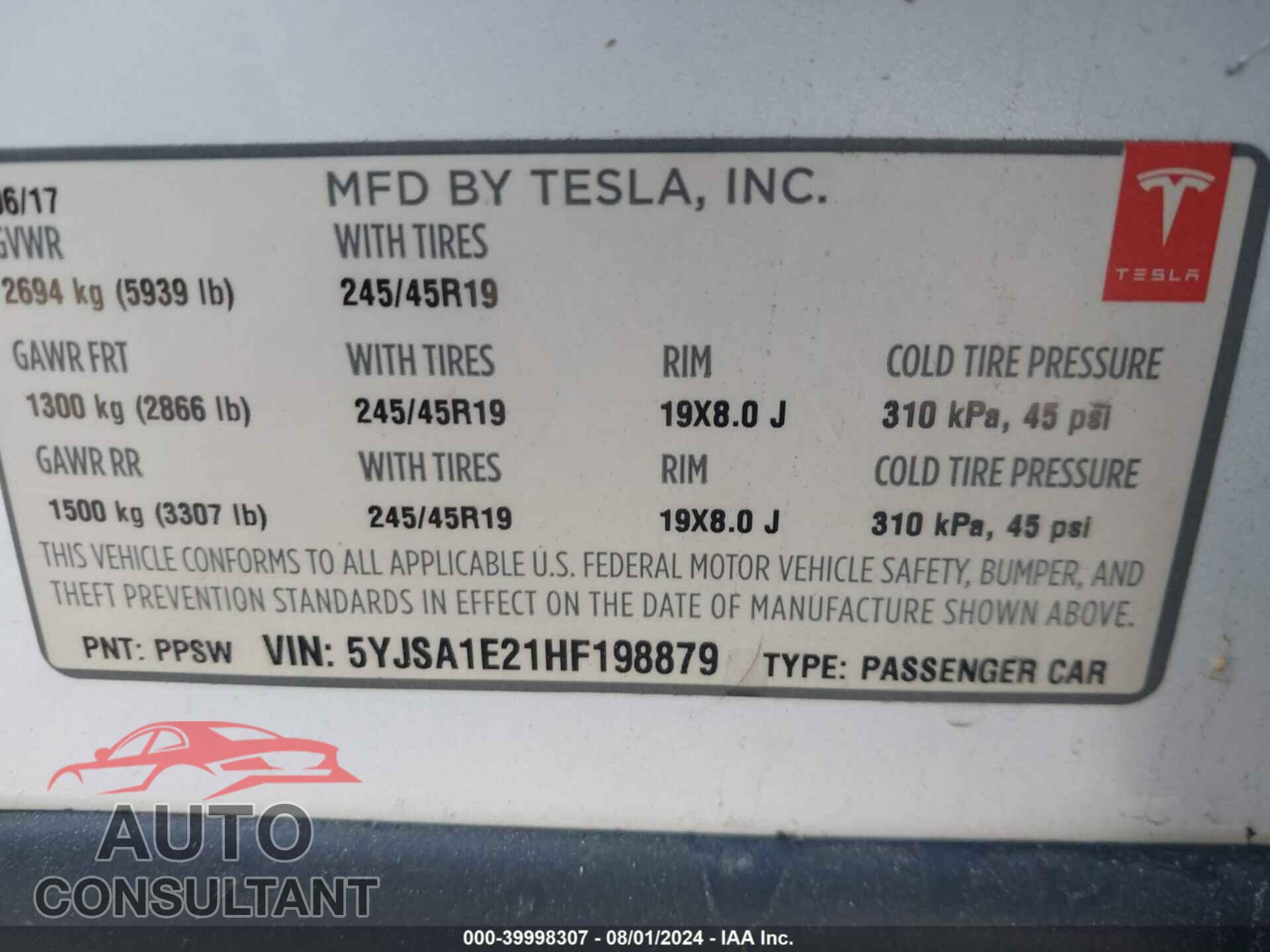 TESLA MODEL S 2017 - 5YJSA1E21HF198879