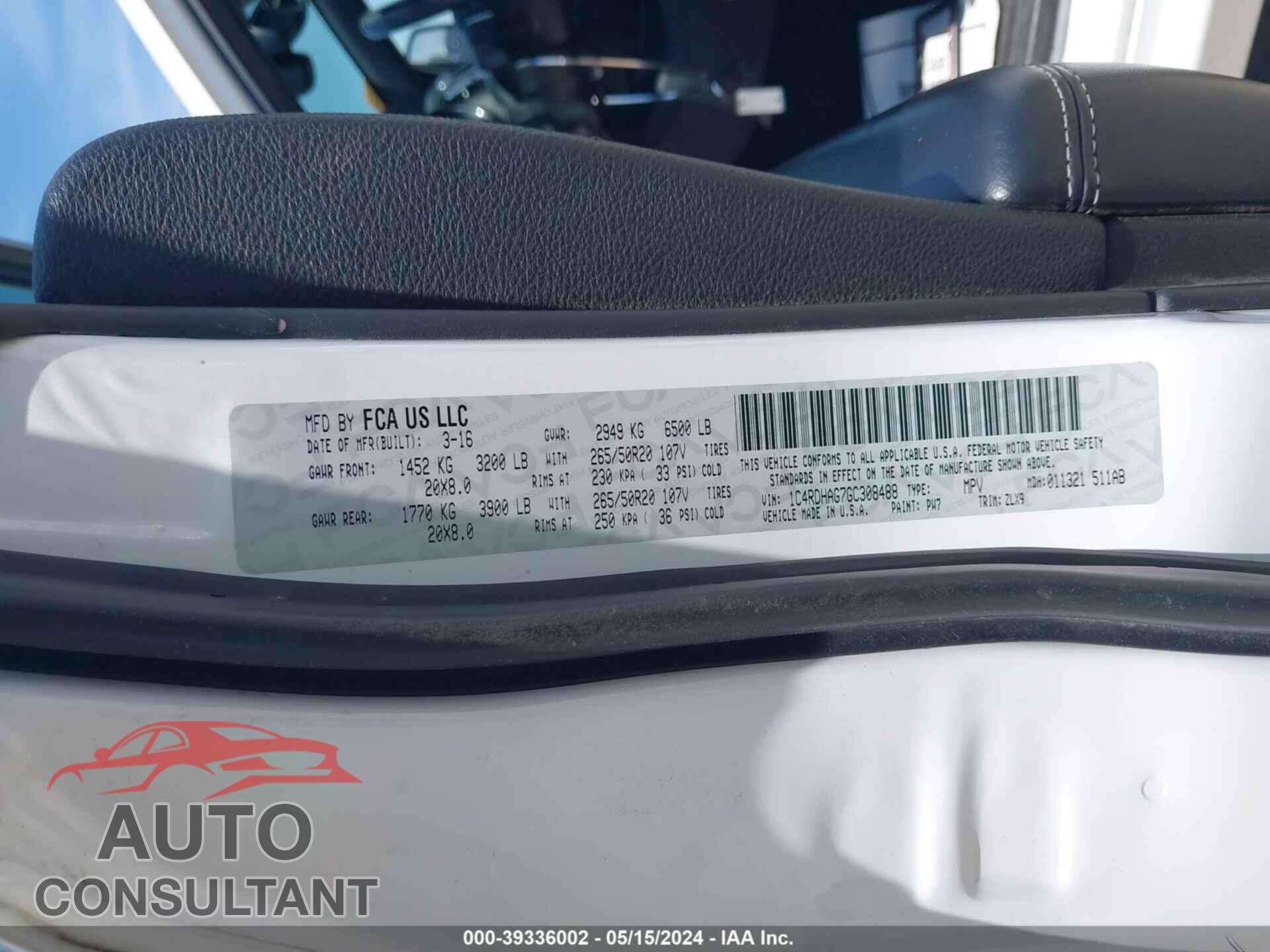 DODGE DURANGO 2016 - 1C4RDHAG7GC308488