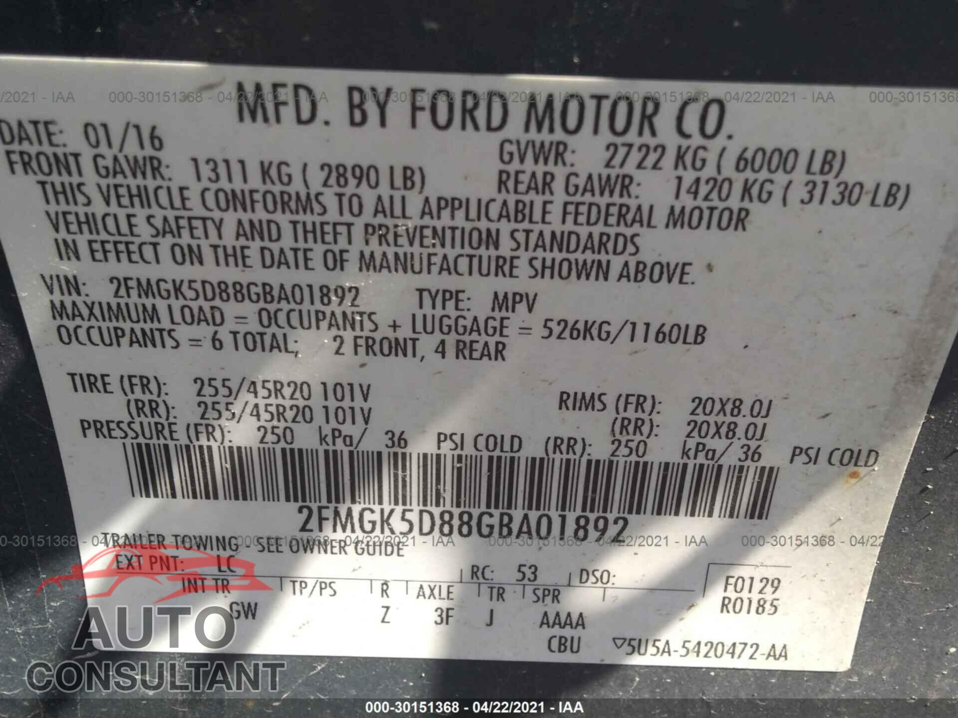 FORD FLEX 2016 - 2FMGK5D88GBA01892