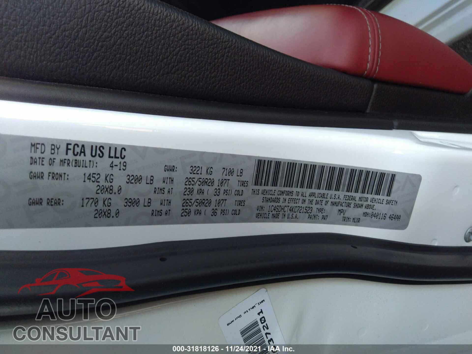 DODGE DURANGO 2019 - 1C4SDHCT4KC721523