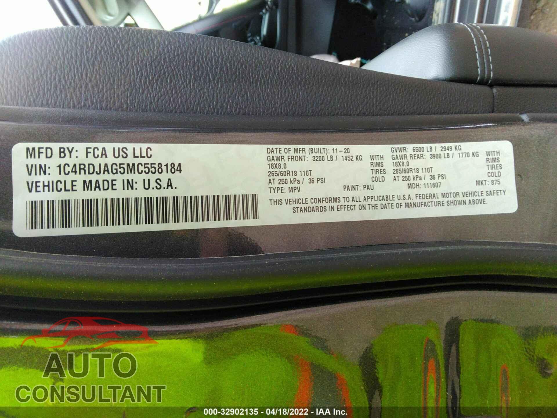 DODGE DURANGO 2021 - 1C4RDJAG5MC558184