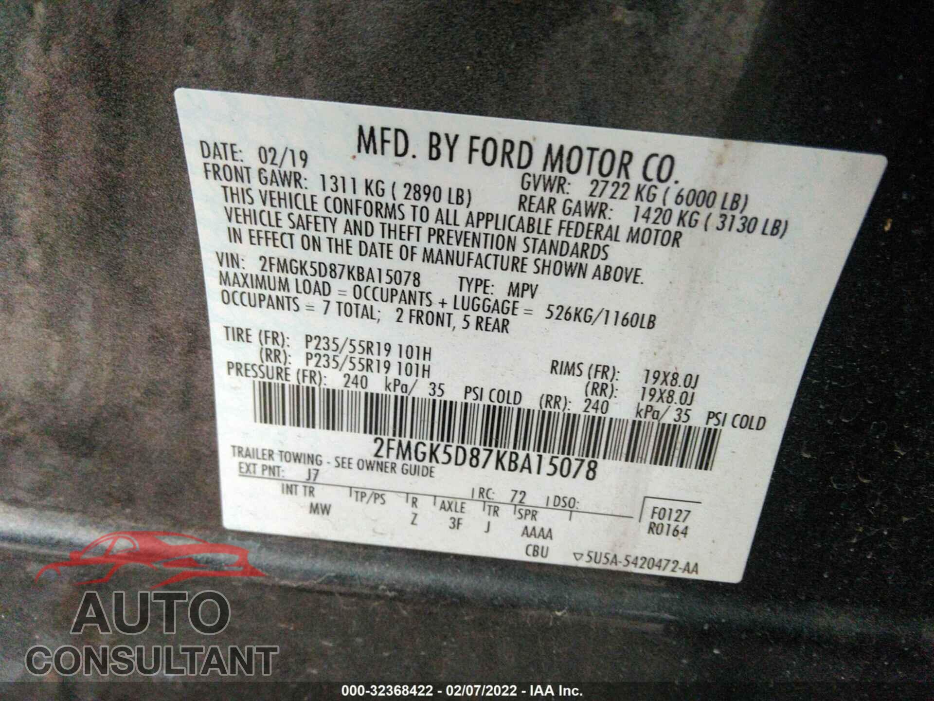 FORD FLEX 2019 - 2FMGK5D87KBA15078