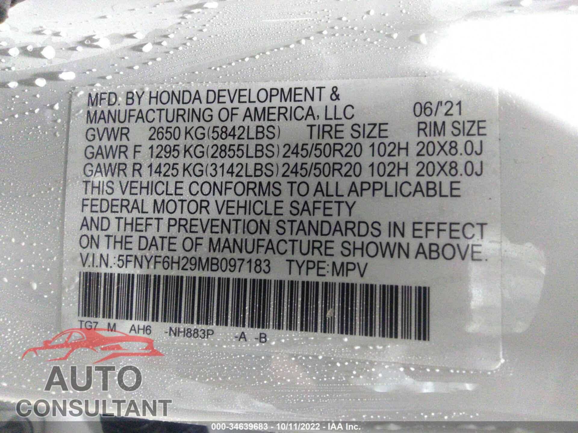 HONDA PILOT 2021 - 5FNYF6H29MB097183