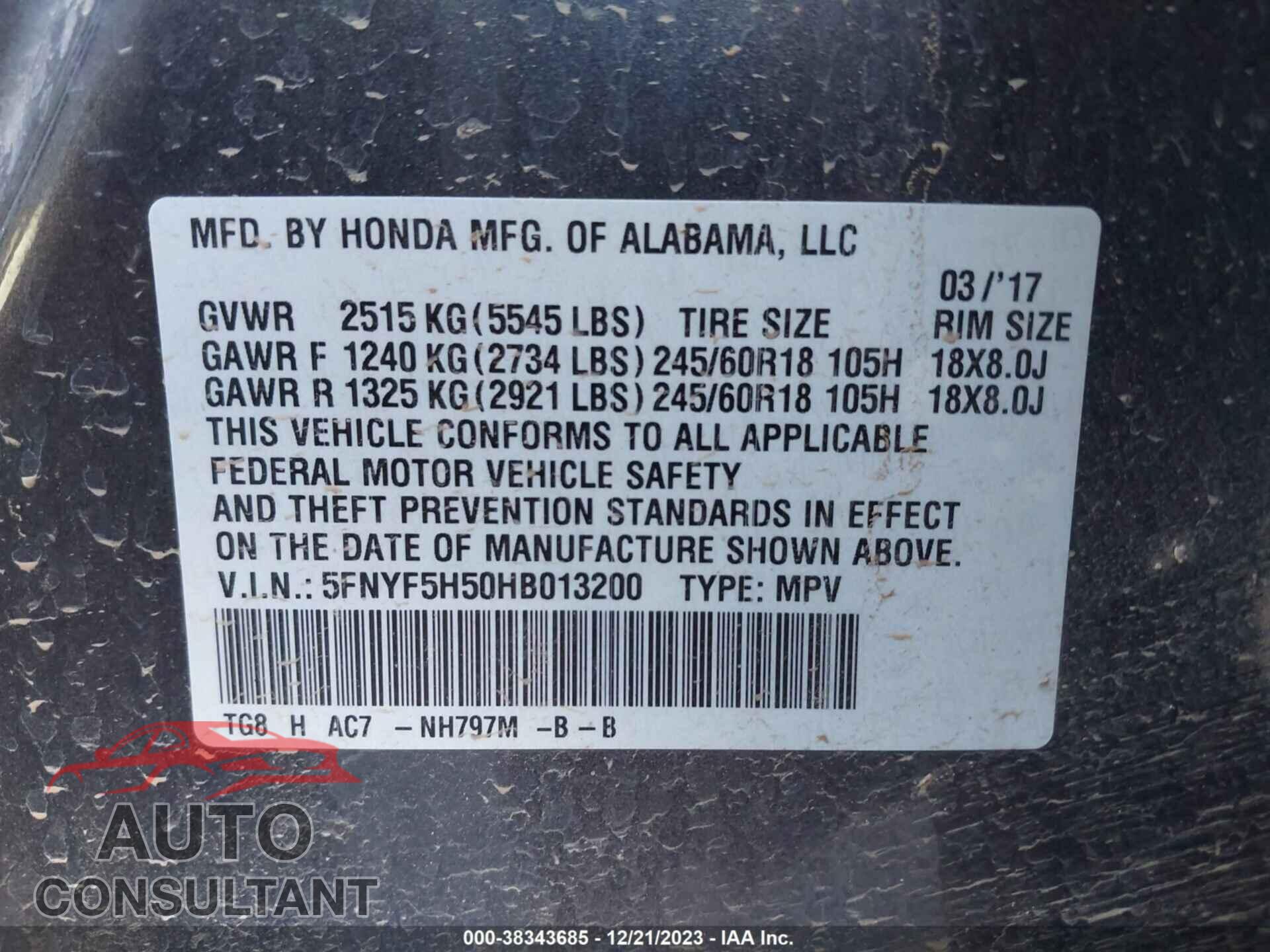 HONDA PILOT 2017 - 5FNYF5H50HB013200