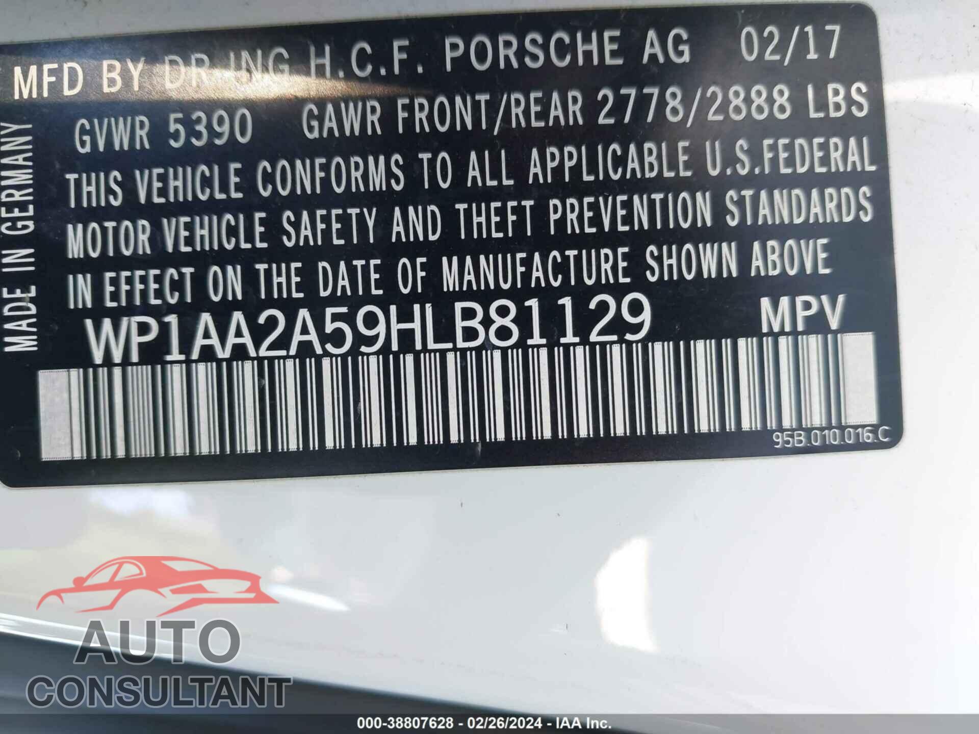 PORSCHE MACAN 2017 - WP1AA2A59HLB81129
