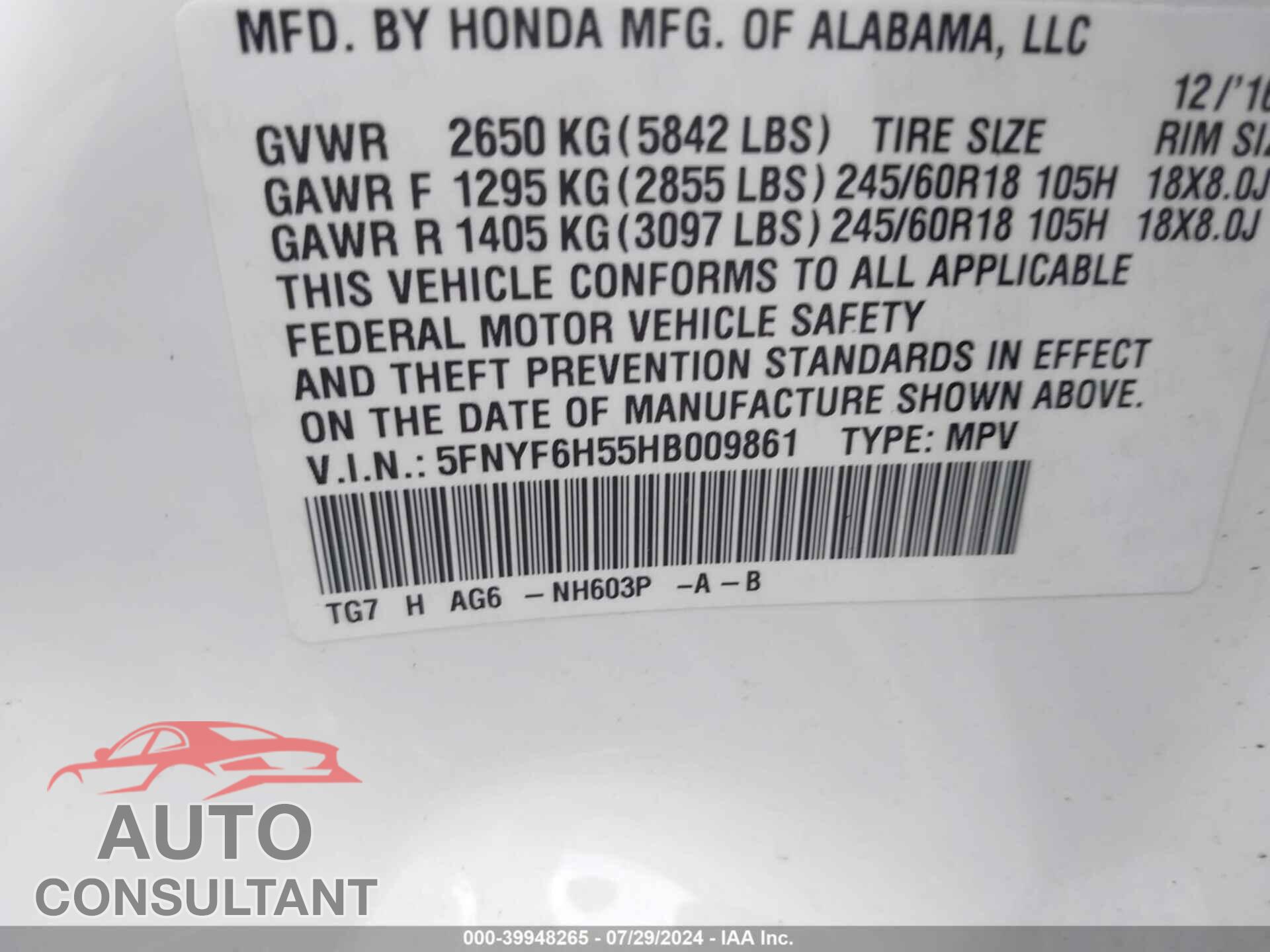 HONDA PILOT 2017 - 5FNYF6H55HB009861