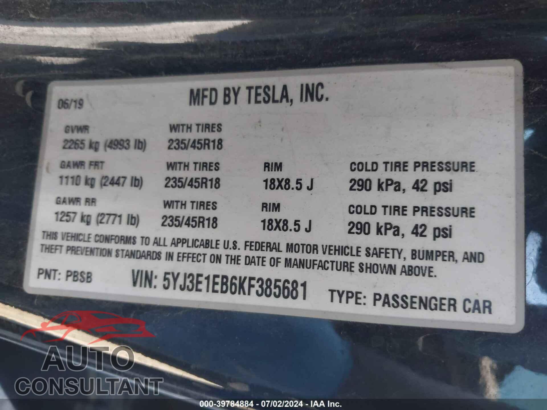TESLA MODEL 3 2019 - 5YJ3E1EB6KF385681