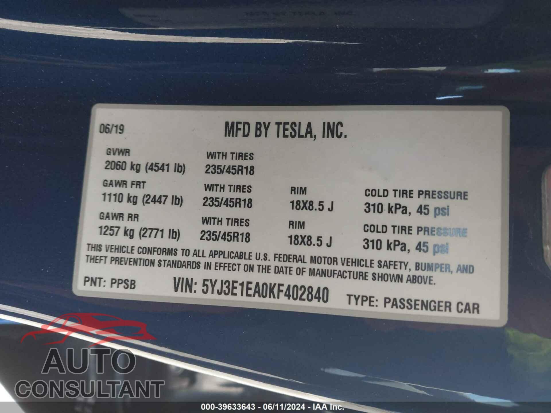 TESLA MODEL 3 2019 - 5YJ3E1EA0KF402840