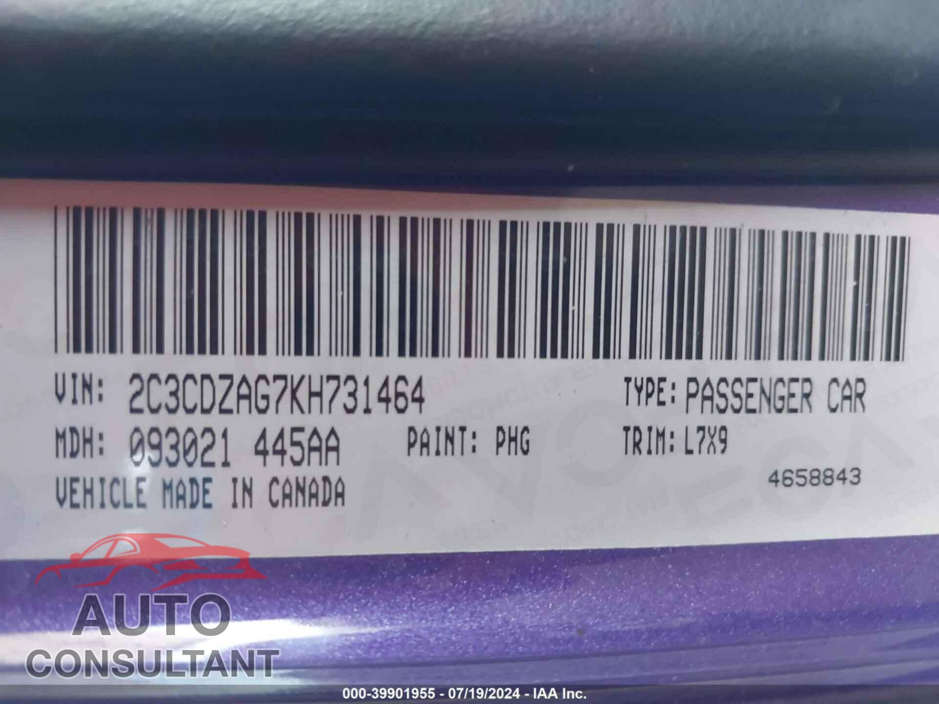 DODGE CHALLENGER 2019 - 2C3CDZAG7KH731464