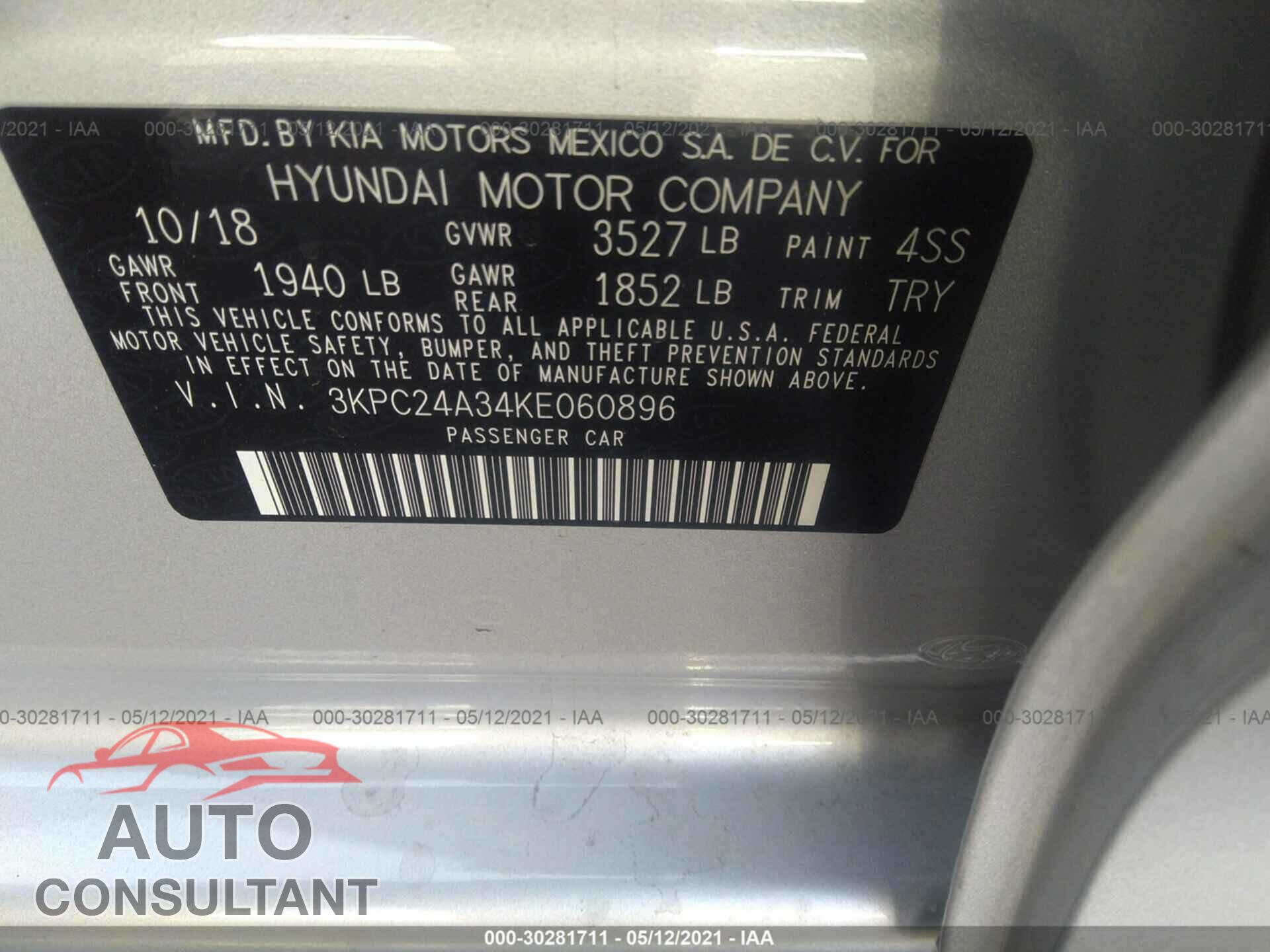HYUNDAI ACCENT 2019 - 3KPC24A34KE060896