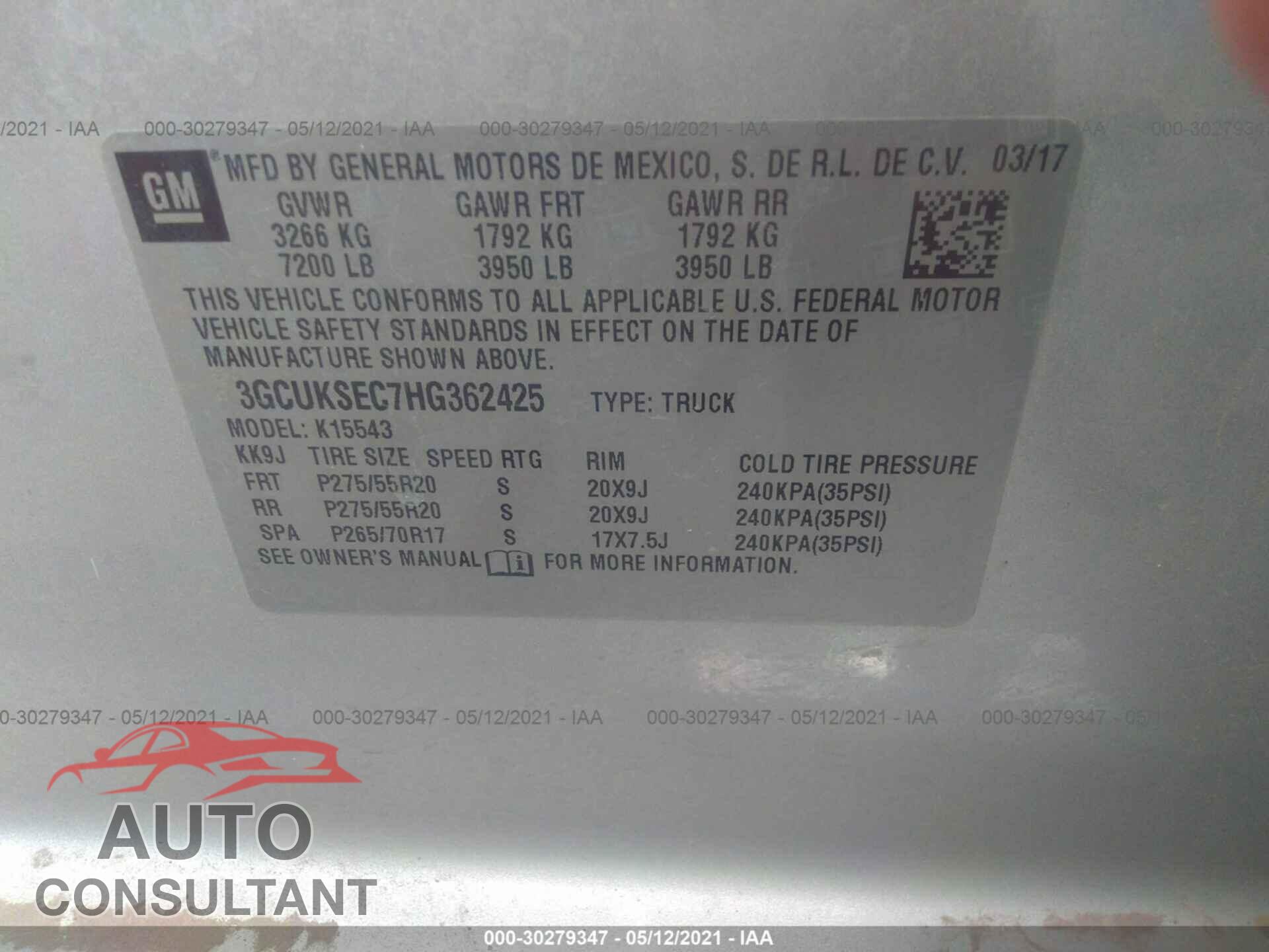 CHEVROLET SILVERADO 1500 2017 - 3GCUKSEC7HG362425