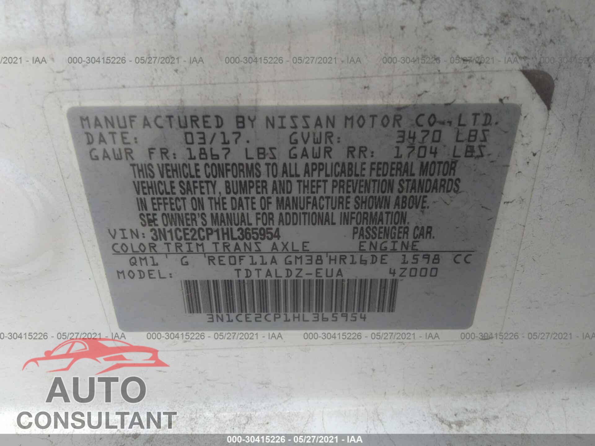 NISSAN VERSA NOTE 2017 - 3N1CE2CP1HL365954