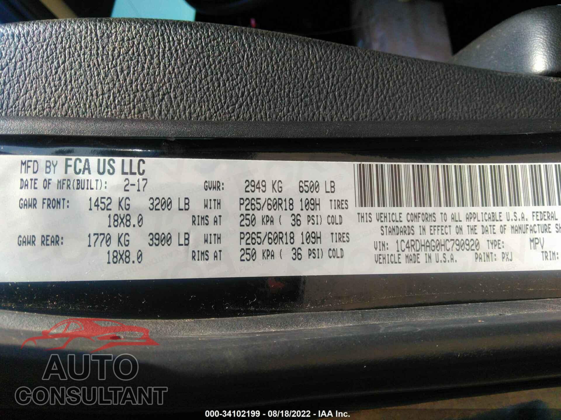 DODGE DURANGO 2017 - 1C4RDHAG0HC790920