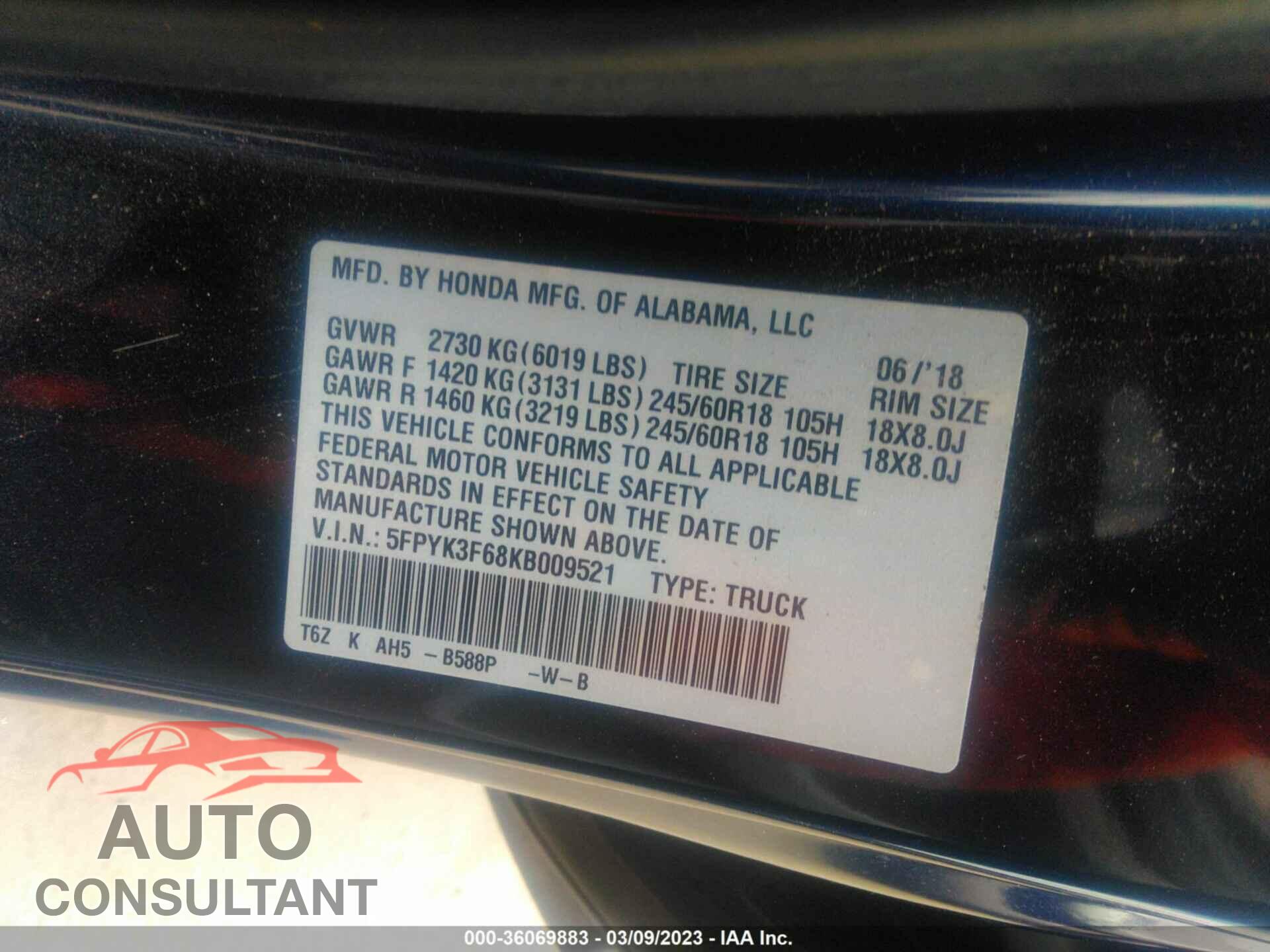 HONDA RIDGELINE 2019 - 5FPYK3F68KB009521