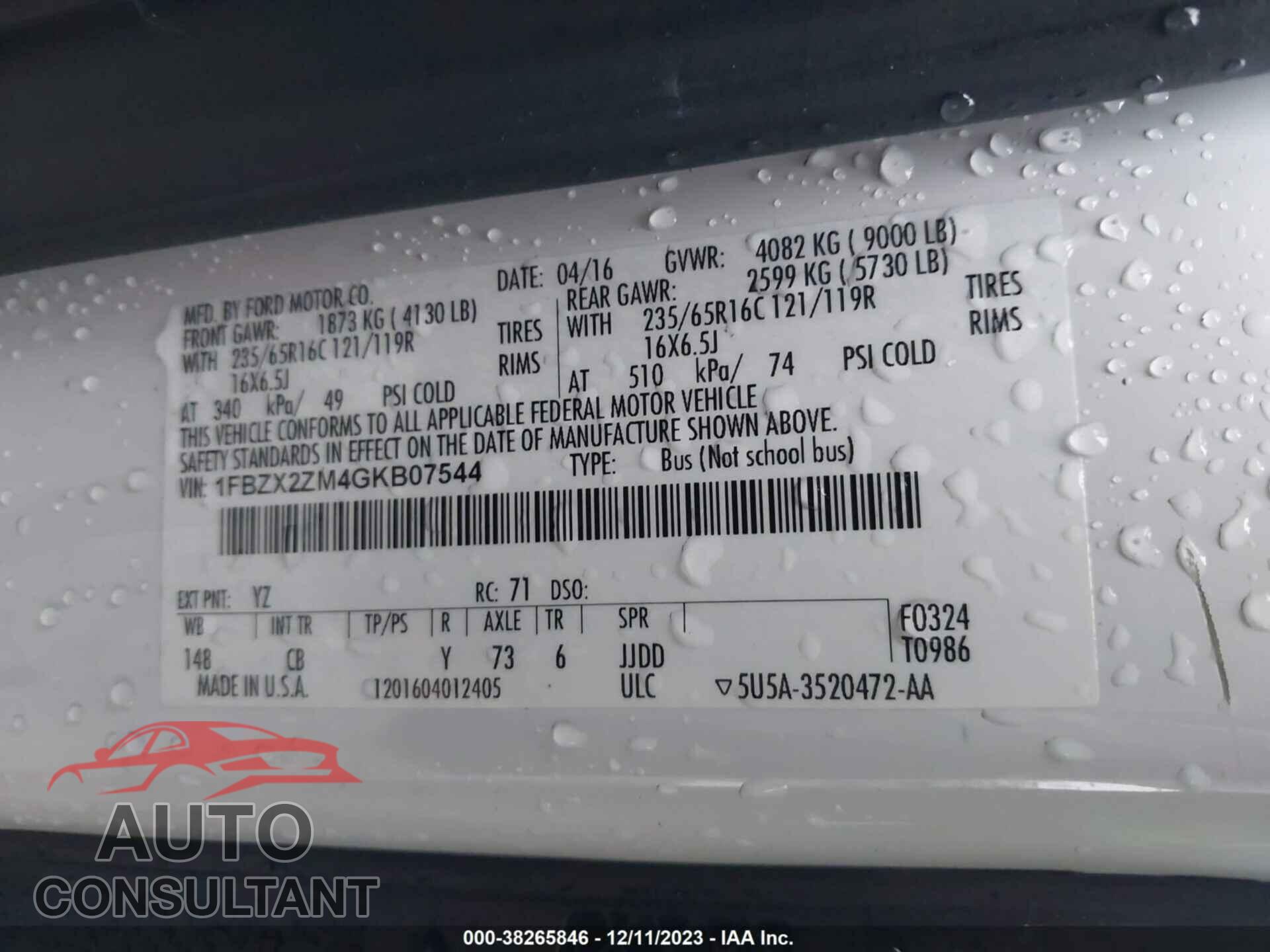FORD TRANSIT 2016 - 1FBZX2ZM4GKB07544