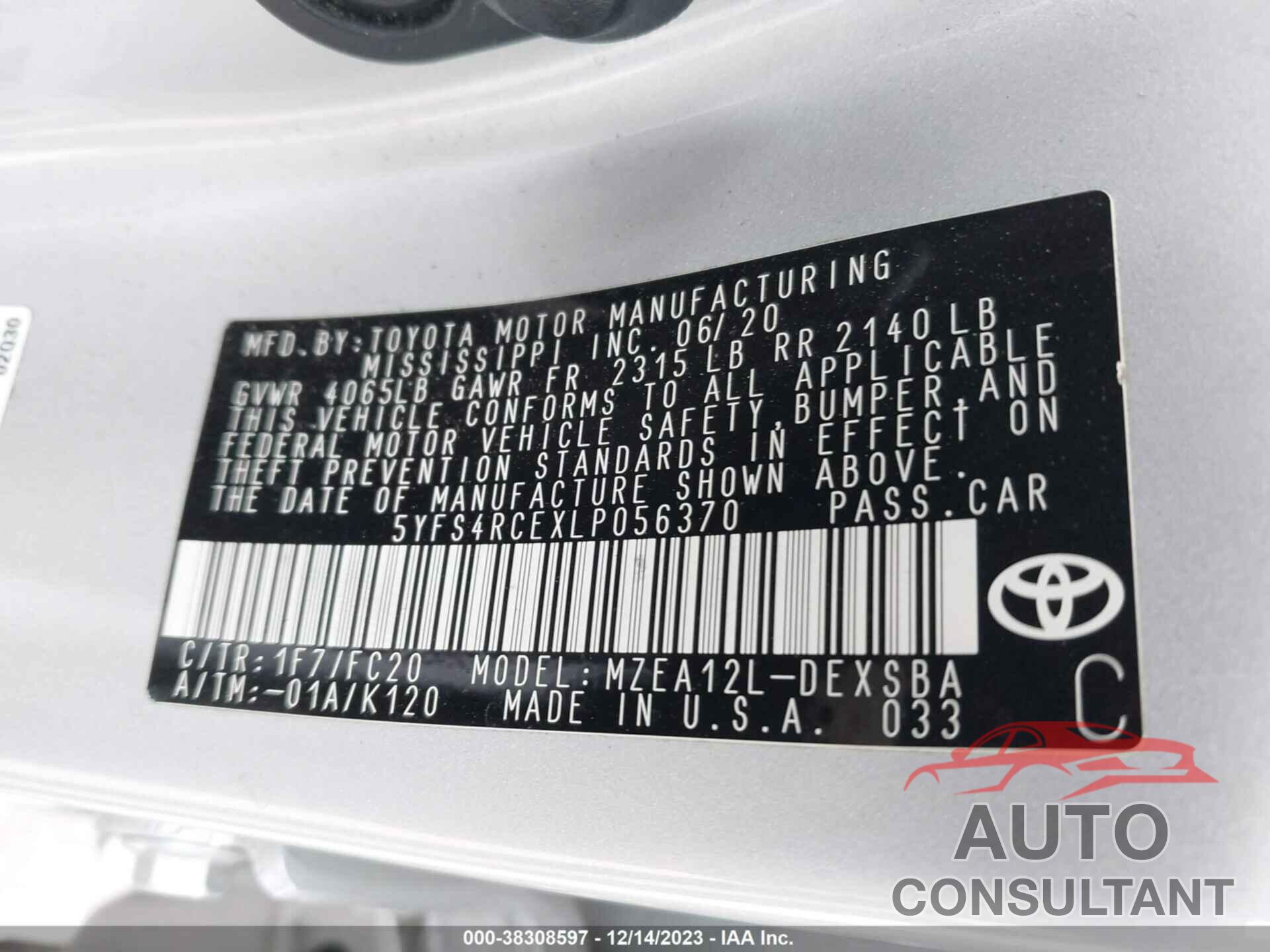 TOYOTA COROLLA 2020 - 5YFS4RCEXLP056370