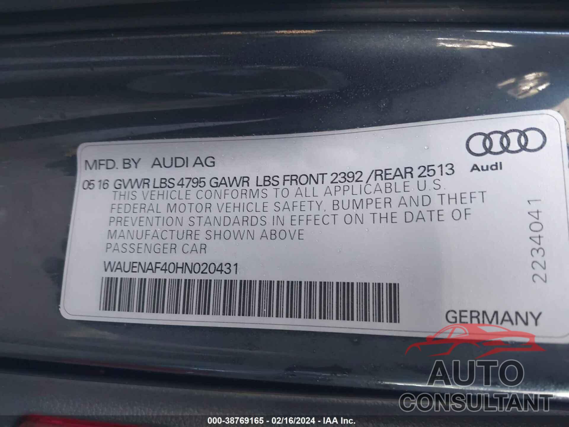 AUDI A4 2017 - WAUENAF40HN020431