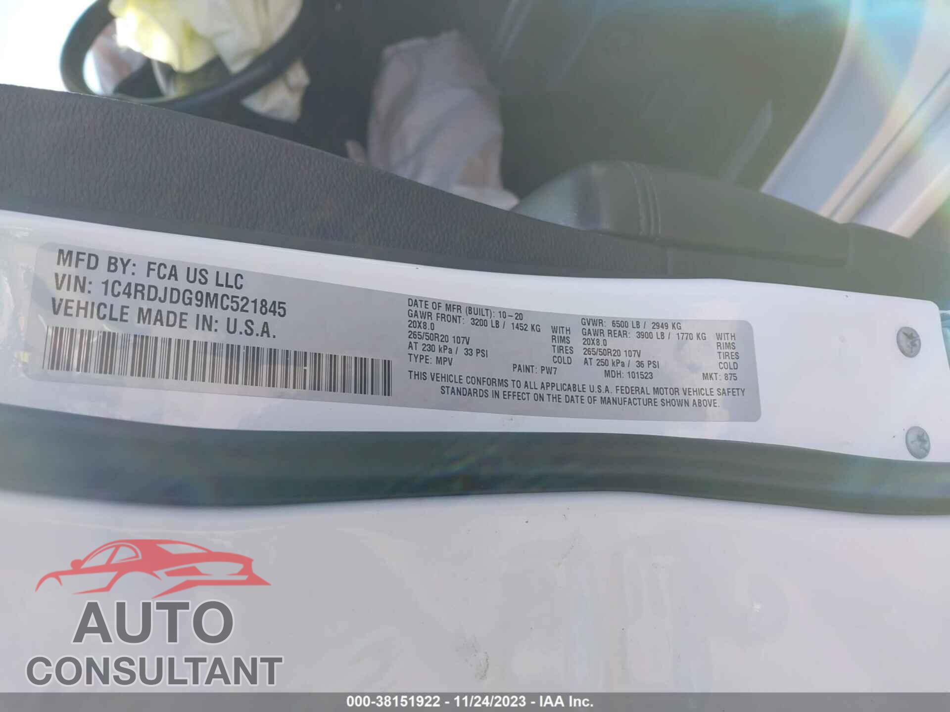 DODGE DURANGO 2021 - 1C4RDJDG9MC521845