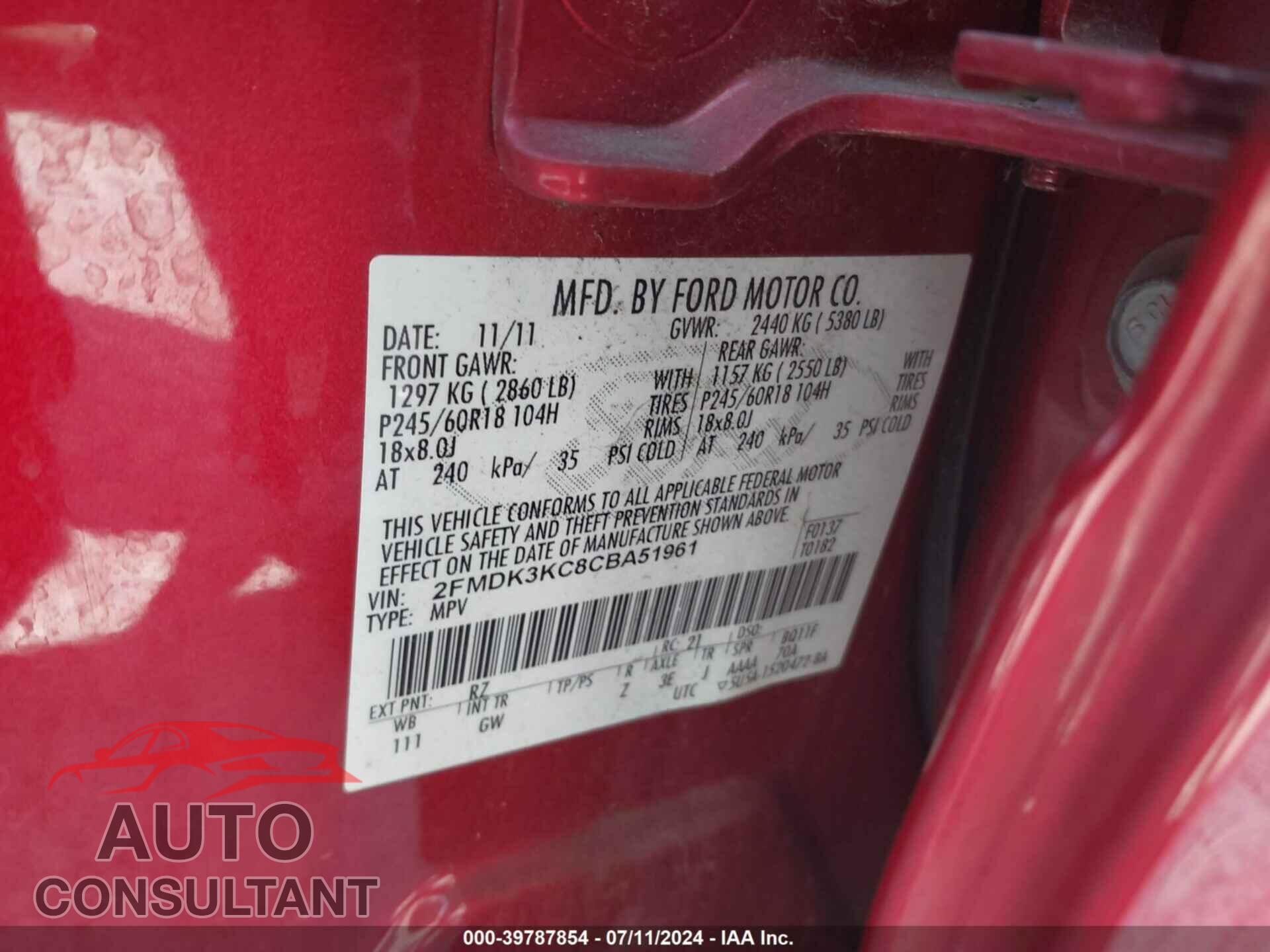 FORD EDGE 2012 - 2FMDK3KC8CBA51961