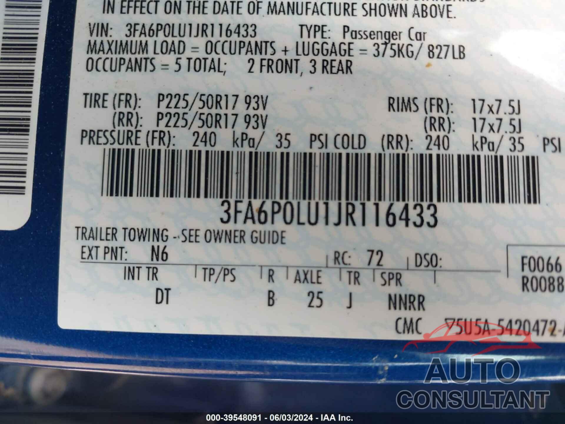 FORD FUSION HYBRID 2018 - 3FA6P0LU1JR116433