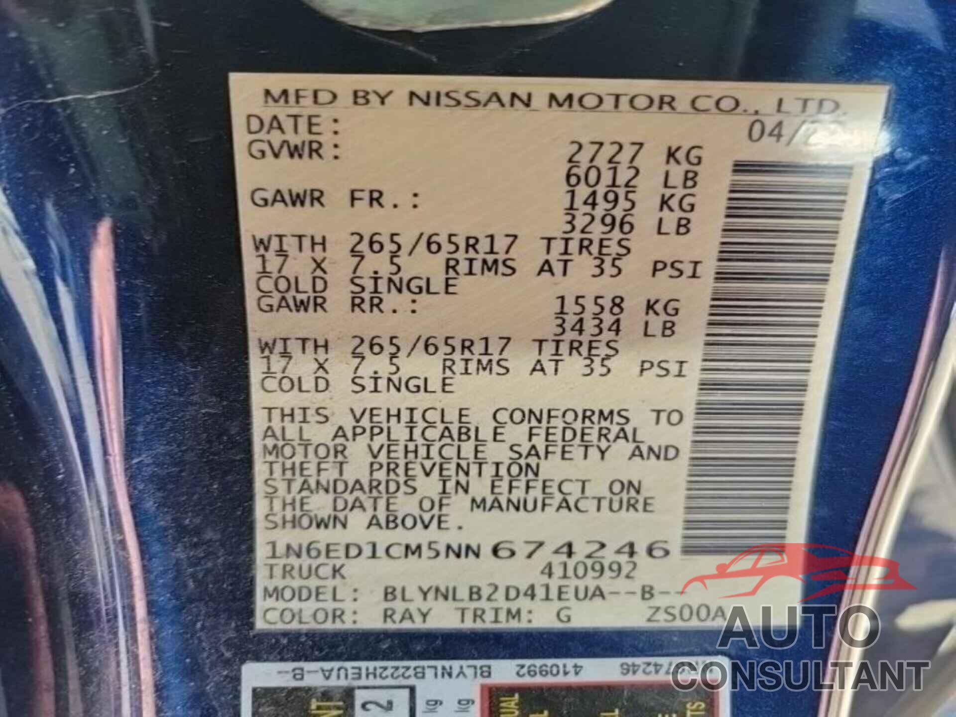 NISSAN FRONTIER 2022 - 1N6ED1CM5NN674246