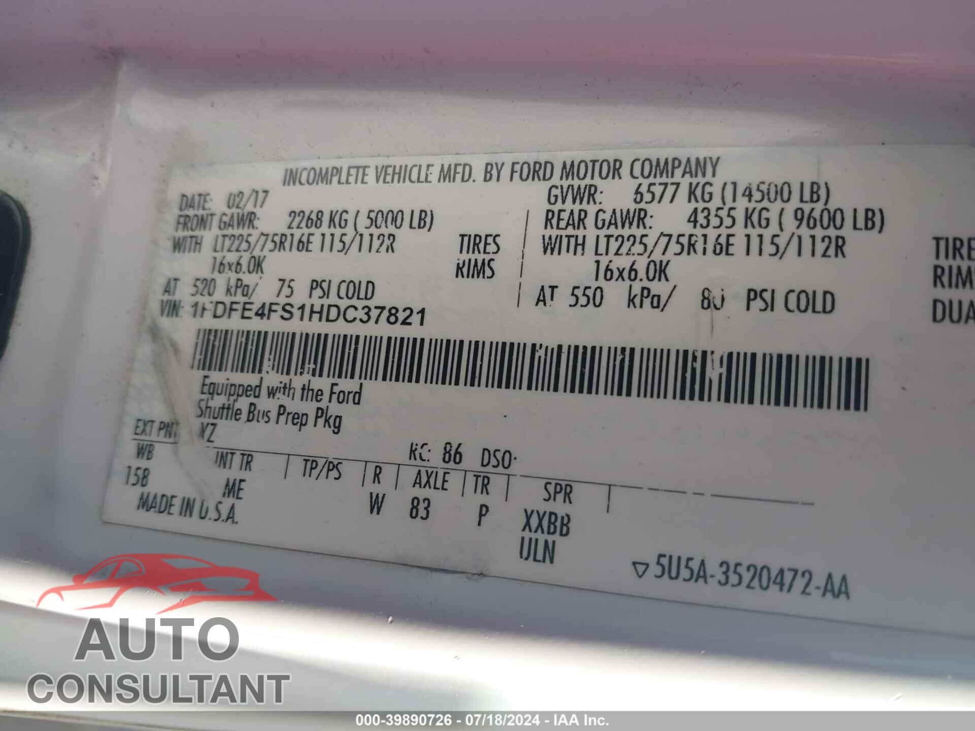 FORD E-450 CUTAWAY 2017 - 1FDFE4FS1HDC37821