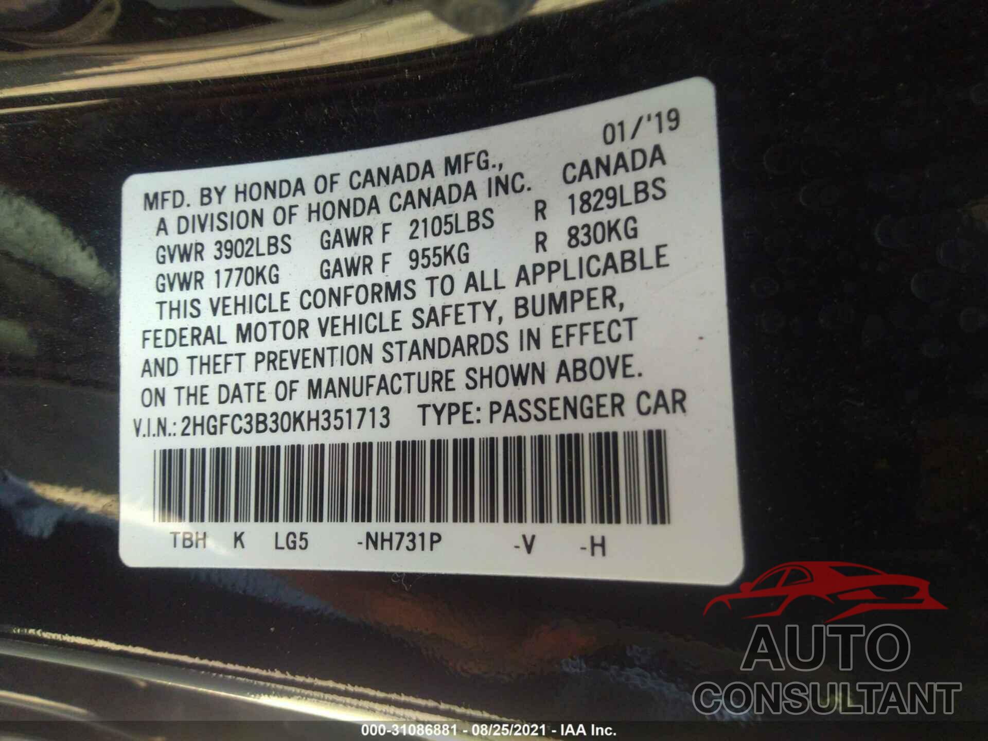 HONDA CIVIC COUPE 2019 - 2HGFC3B30KH351713