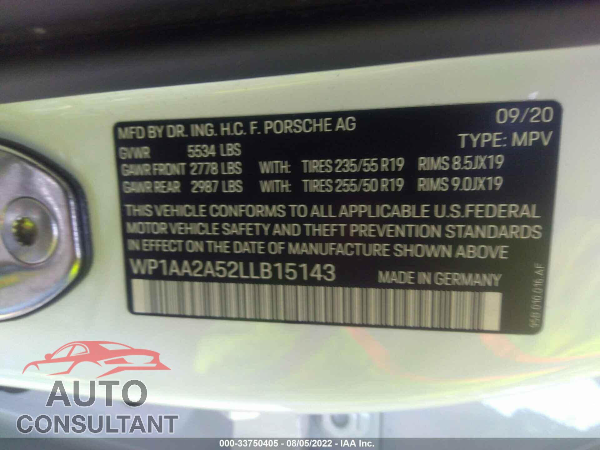 PORSCHE MACAN 2020 - WP1AA2A52LLB15143