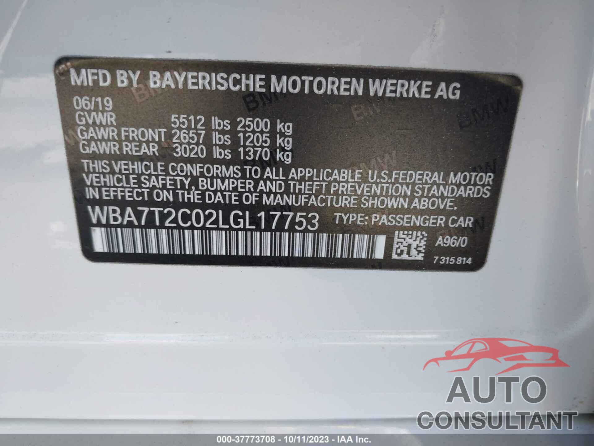BMW 7 SERIES 2020 - WBA7T2C02LGL17753