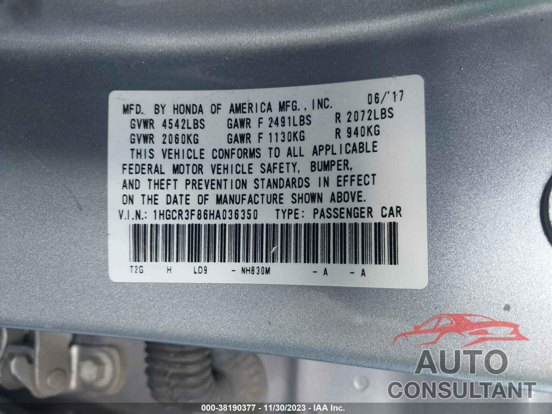 HONDA ACCORD 2017 - 1HGCR3F86HA036350