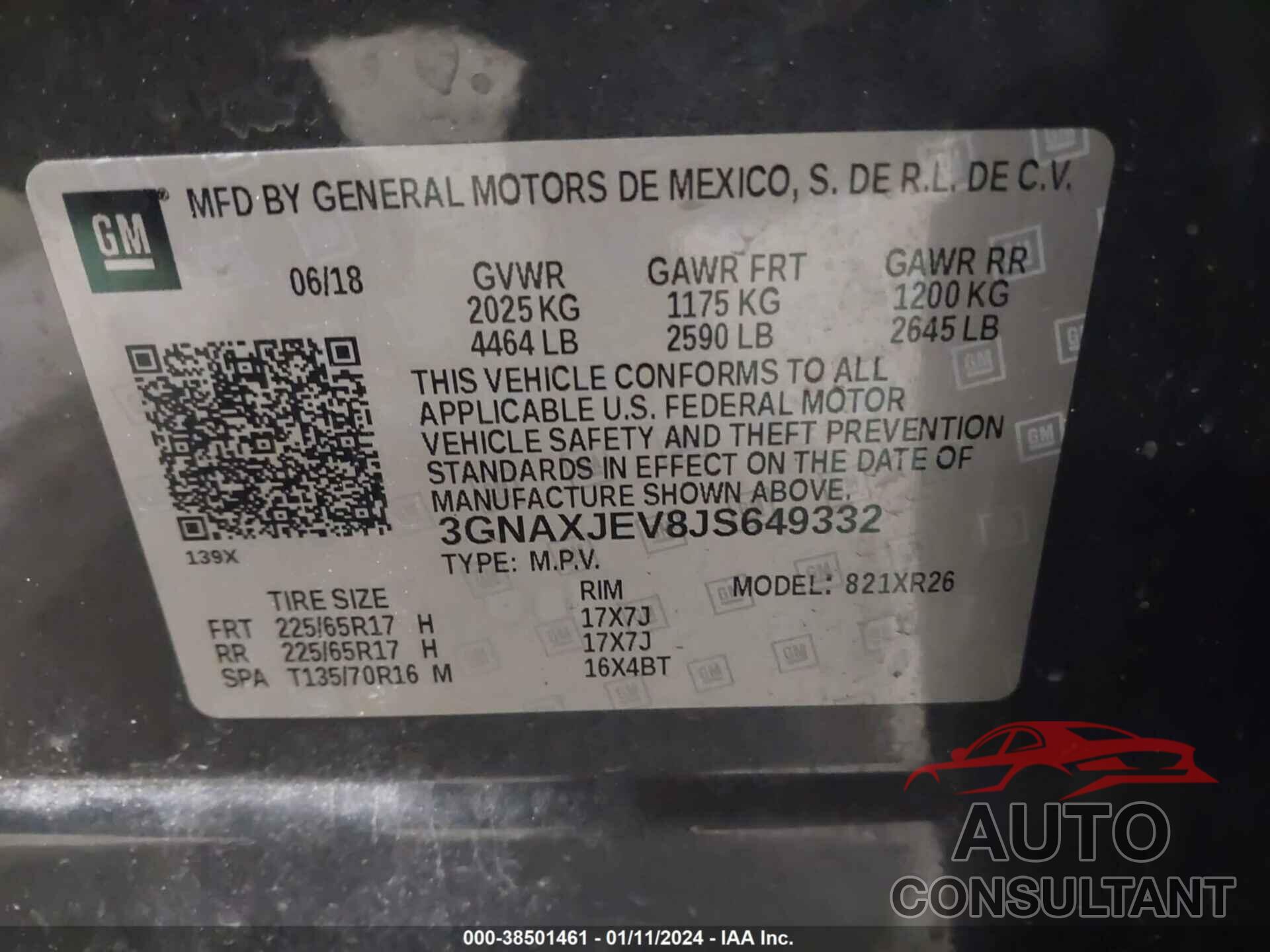 CHEVROLET EQUINOX 2018 - 3GNAXJEV8JS649332