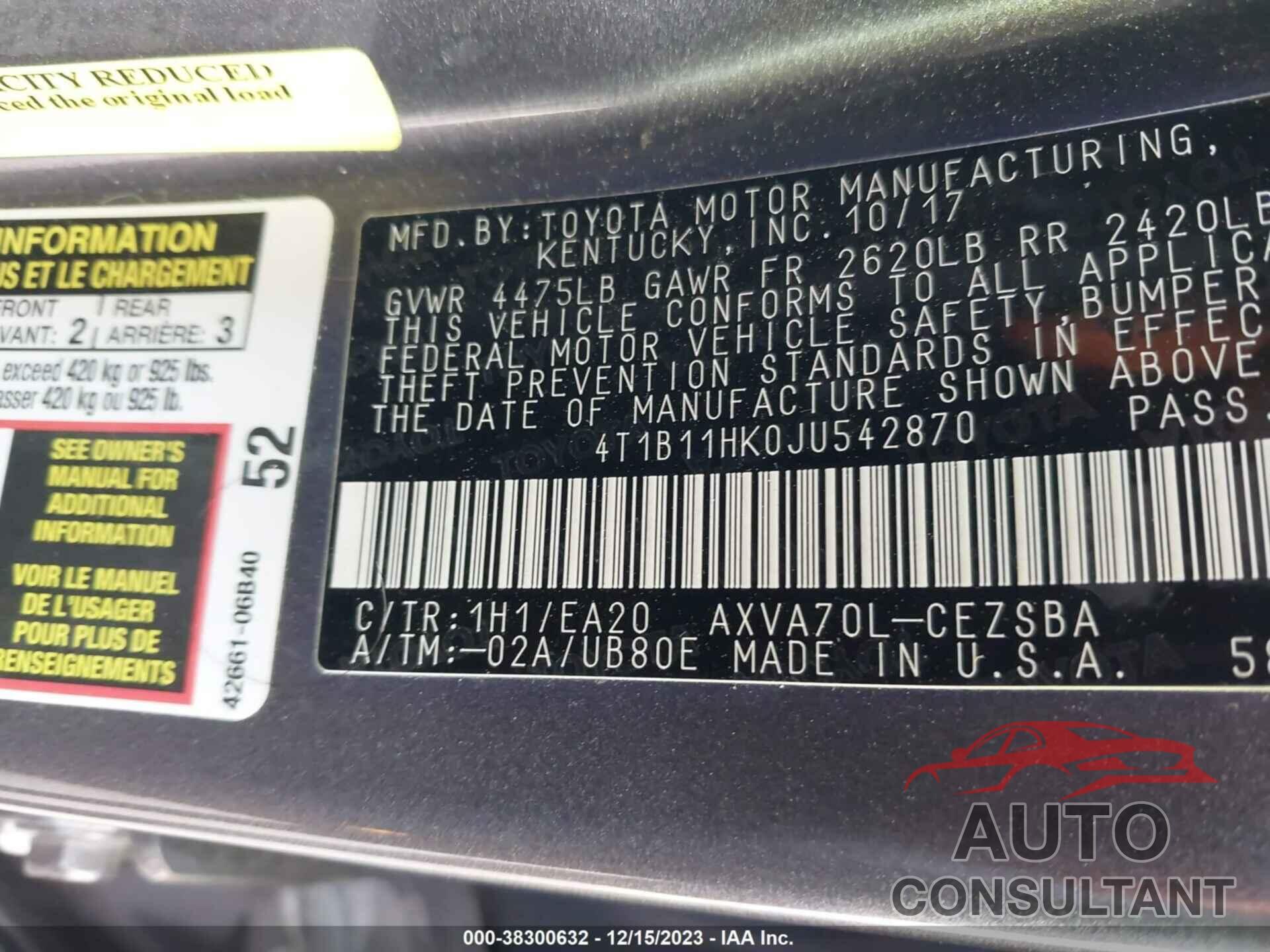 TOYOTA CAMRY 2018 - 4T1B11HK0JU542870