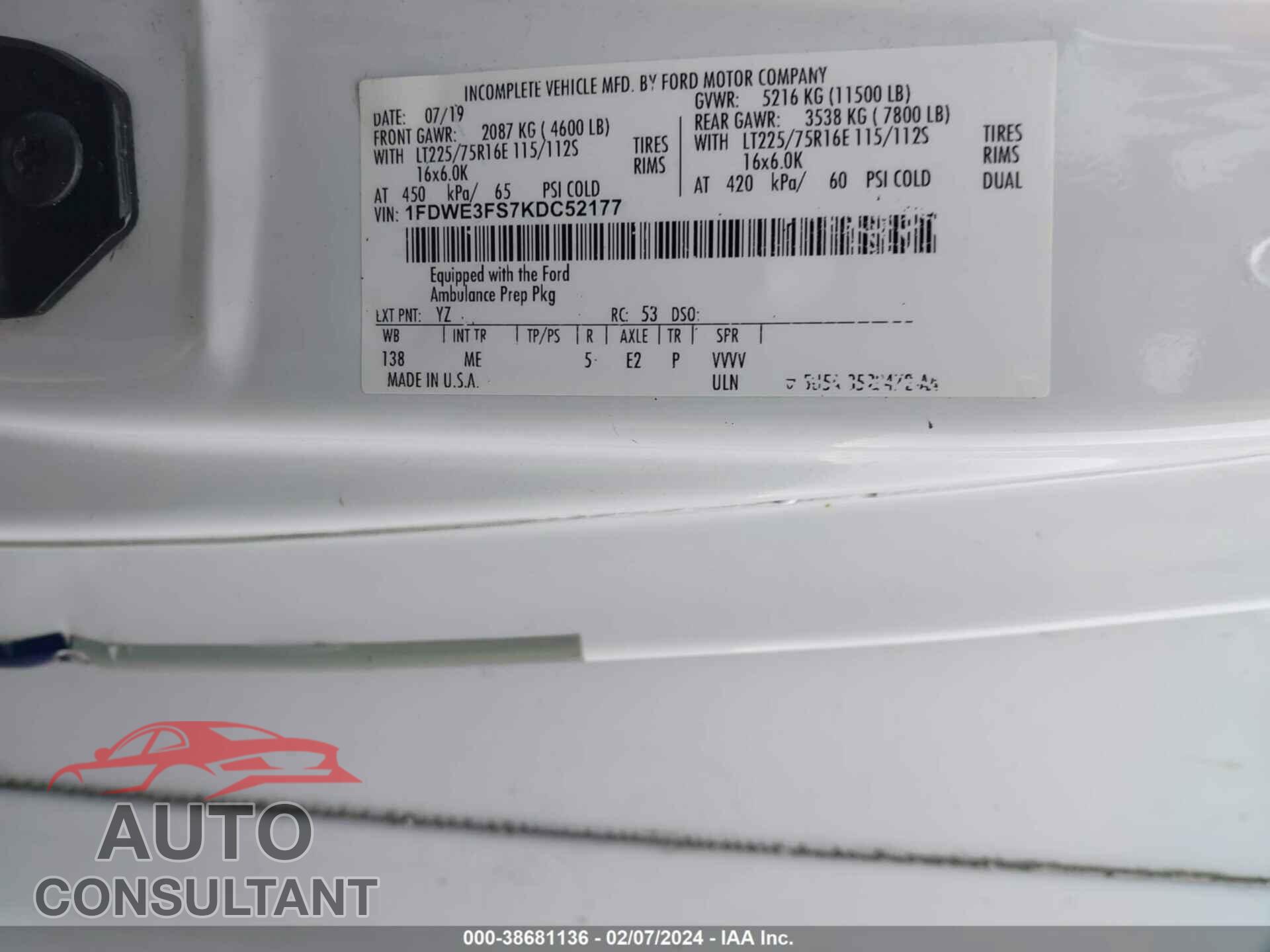FORD E-350 CUTAWAY 2019 - 1FDWE3FS7KDC52177