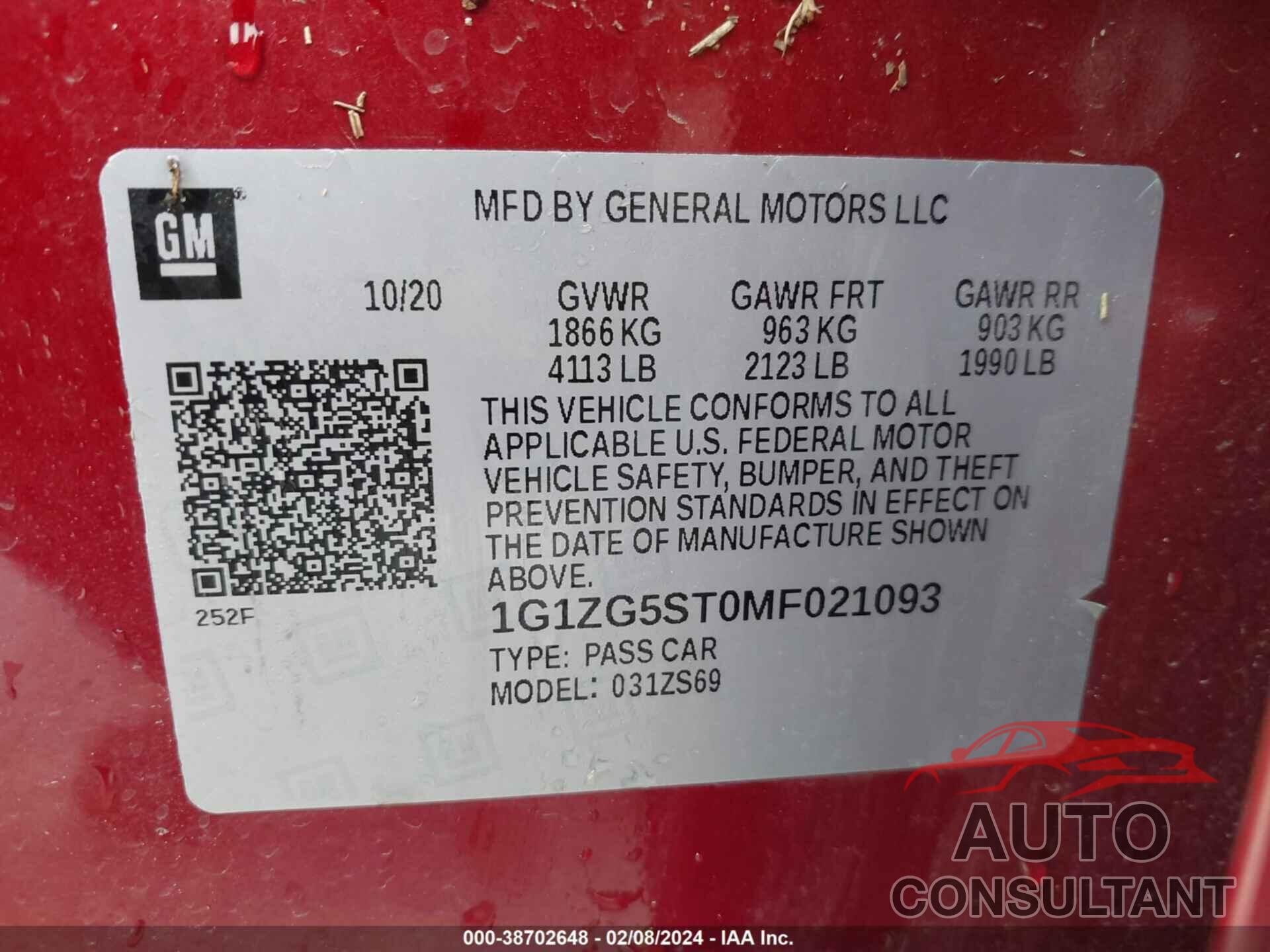 CHEVROLET MALIBU 2021 - 1G1ZG5ST0MF021093