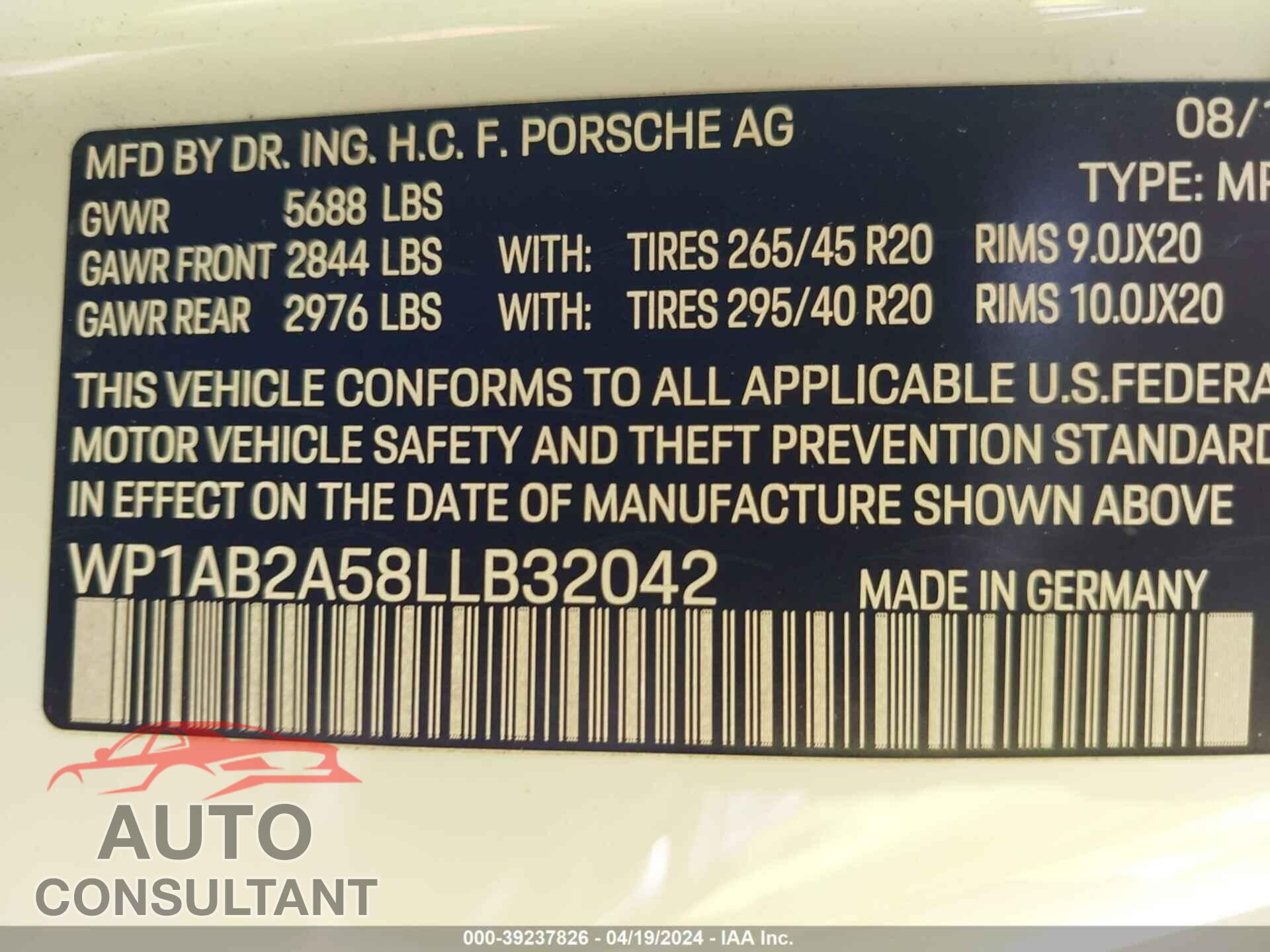 PORSCHE MACAN 2020 - WP1AB2A58LLB32042