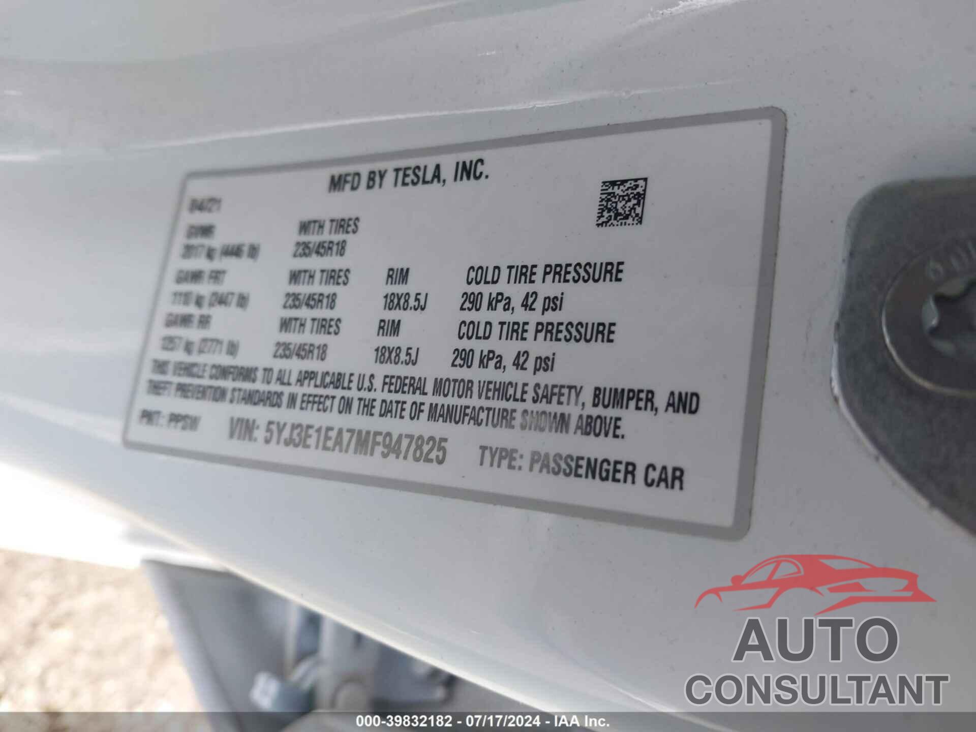 TESLA MODEL 3 2021 - 5YJ3E1EA7MF947825
