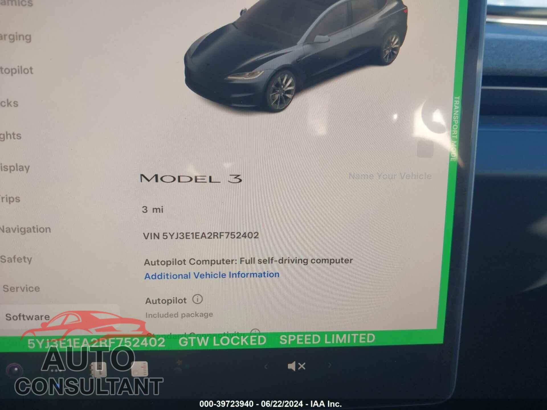 TESLA MODEL 3 2024 - 5YJ3E1EA2RF752402
