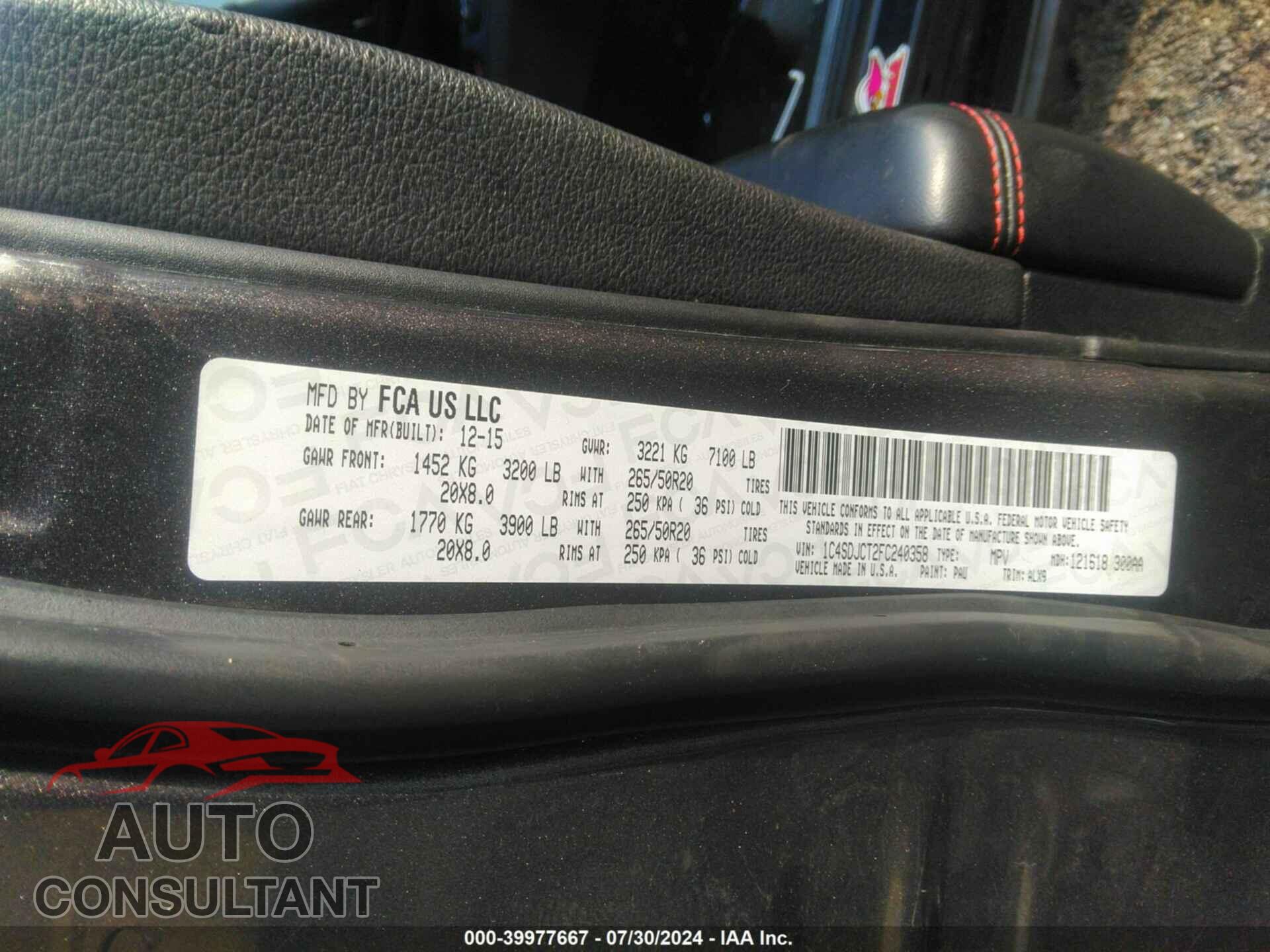 DODGE DURANGO 2015 - 1C4SDJCT2FC240358