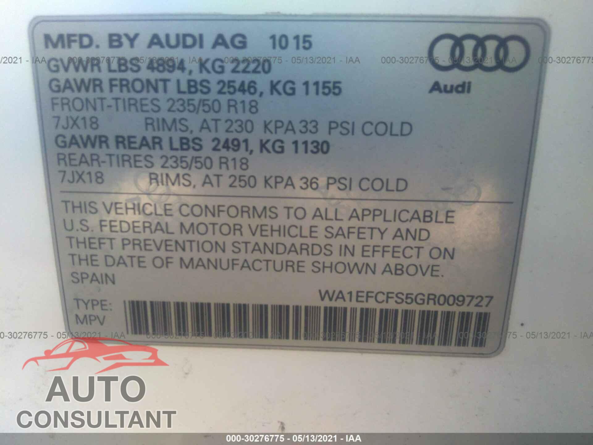 AUDI Q3 2016 - WA1EFCFS5GR009727