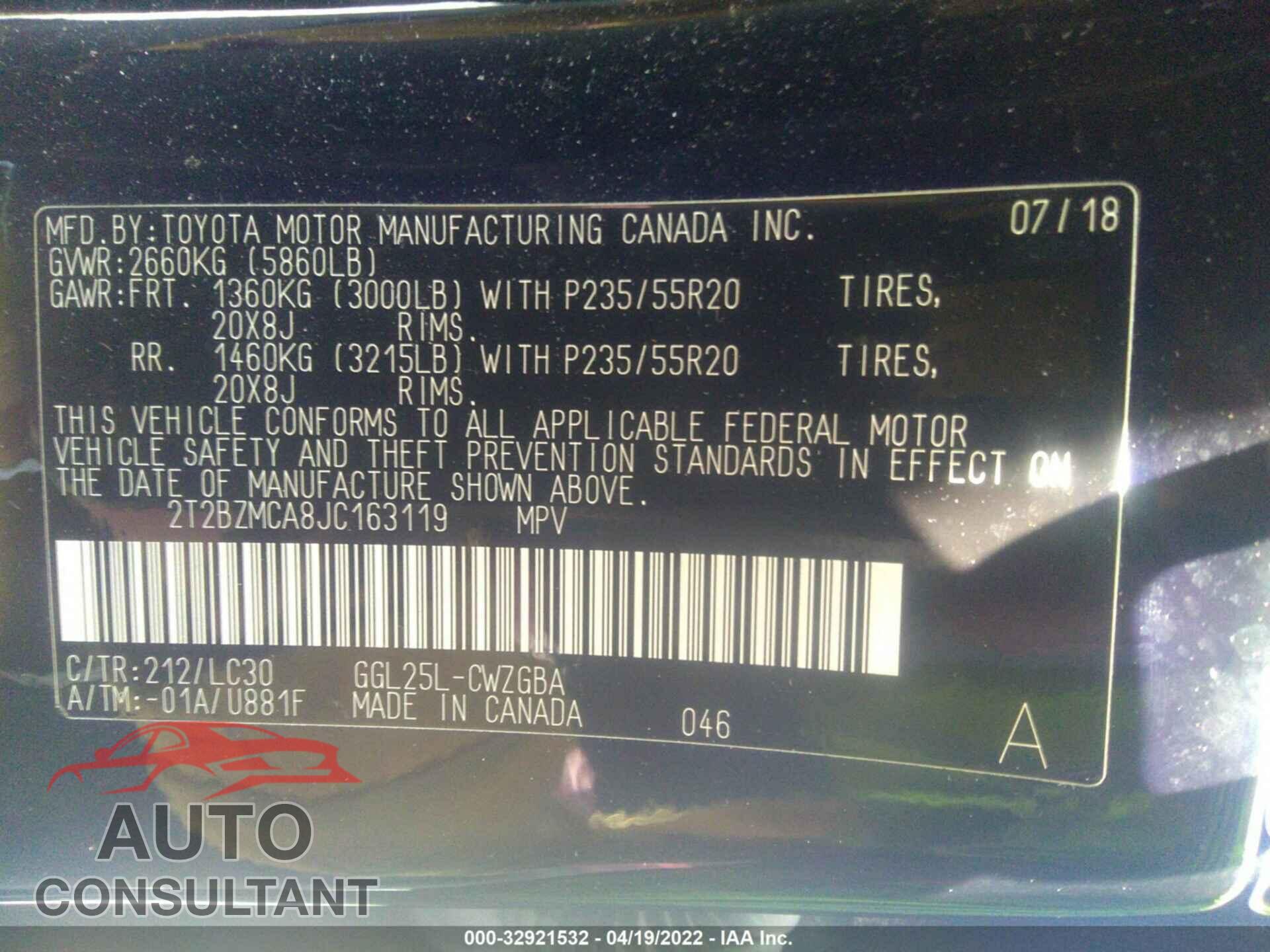 LEXUS RX 2018 - 2T2BZMCA8JC163119