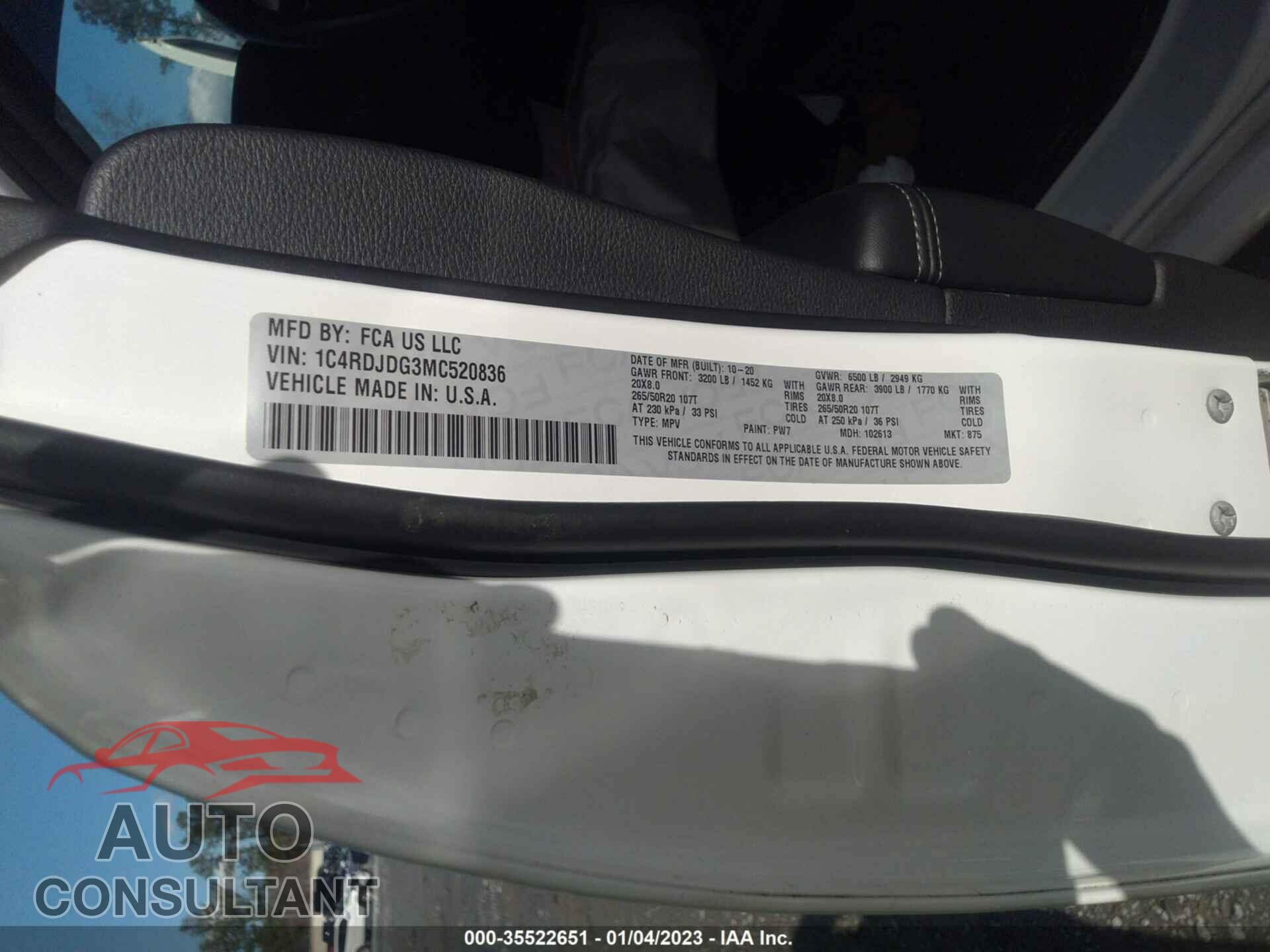 DODGE DURANGO 2021 - 1C4RDJDG3MC520836