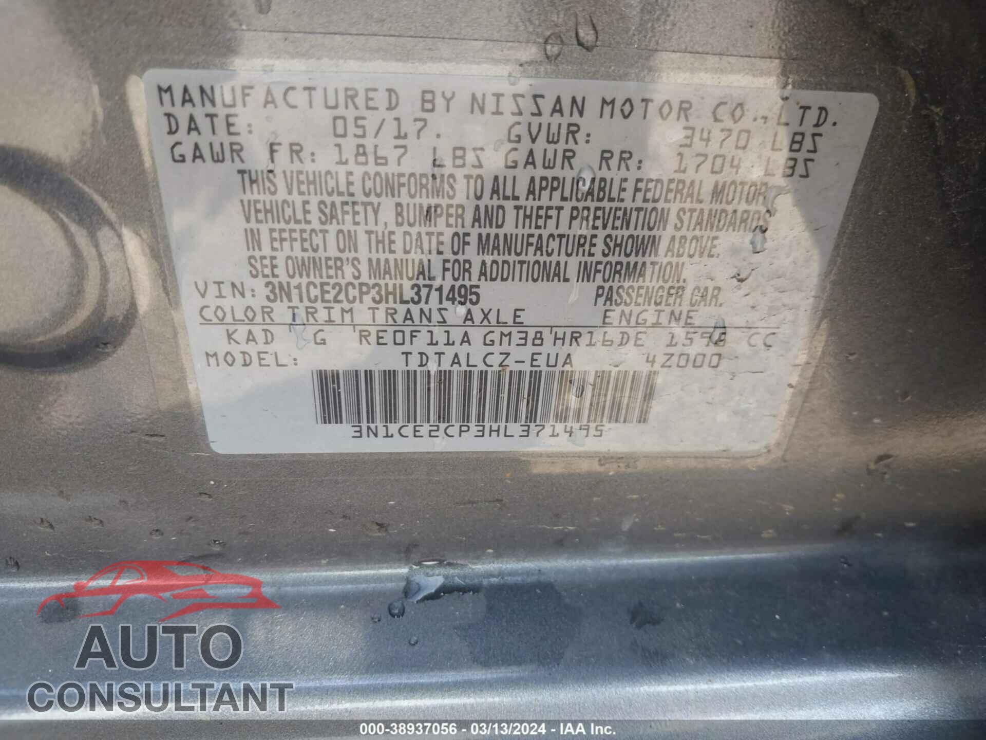 NISSAN VERSA NOTE 2017 - 3N1CE2CP3HL371495