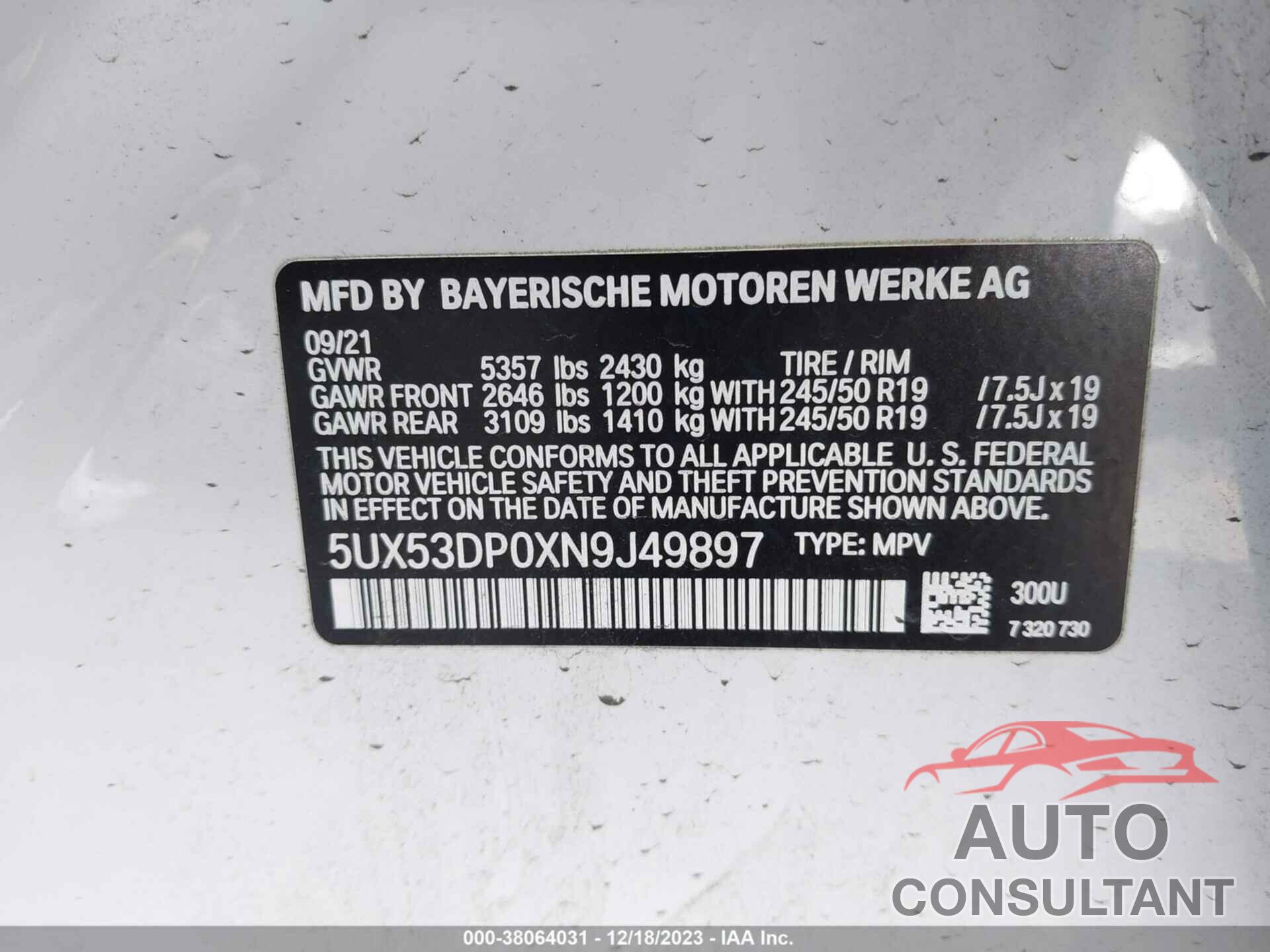 BMW X3 2022 - 5UX53DP0XN9J49897