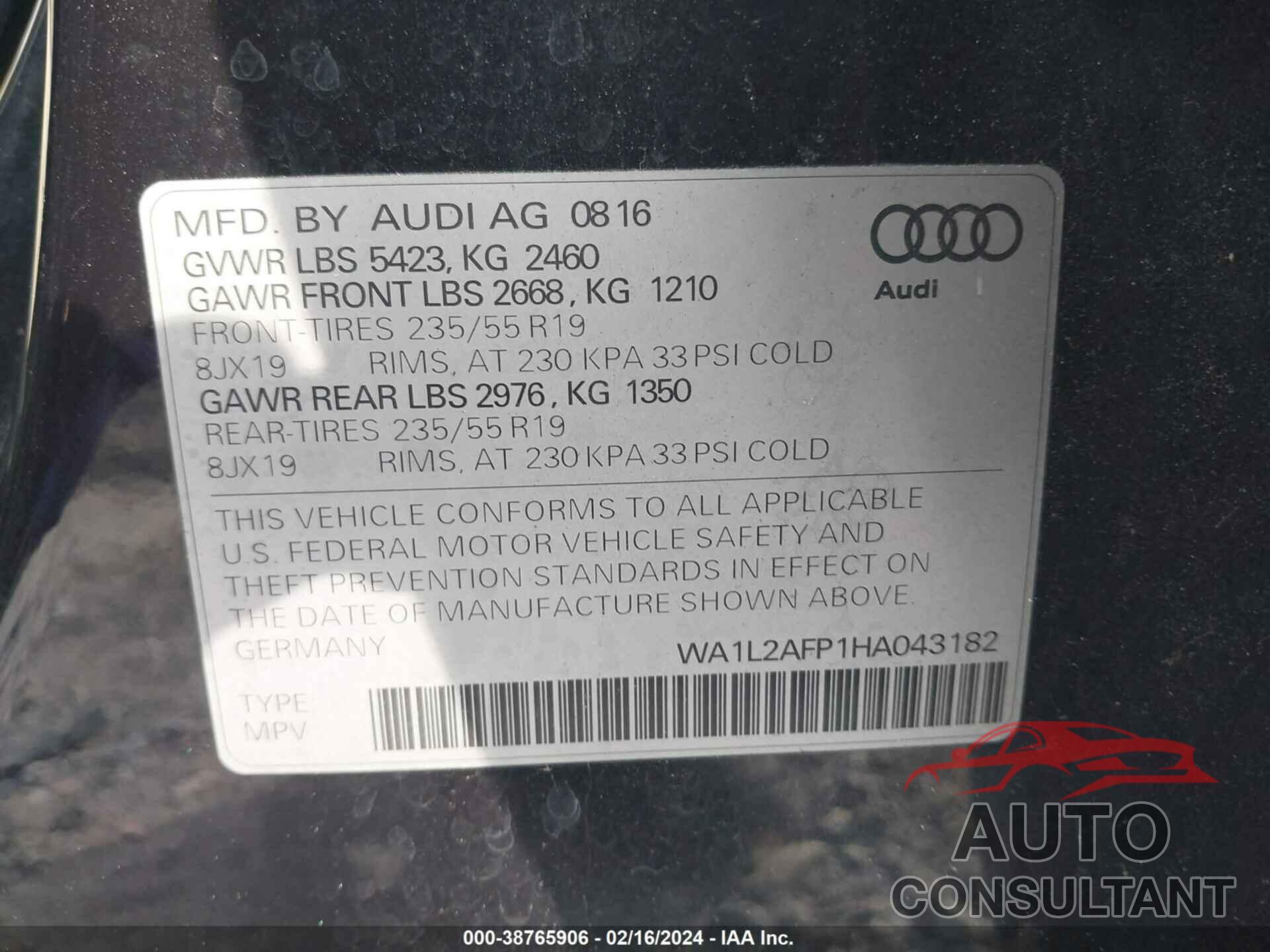 AUDI Q5 2017 - WA1L2AFP1HA043182